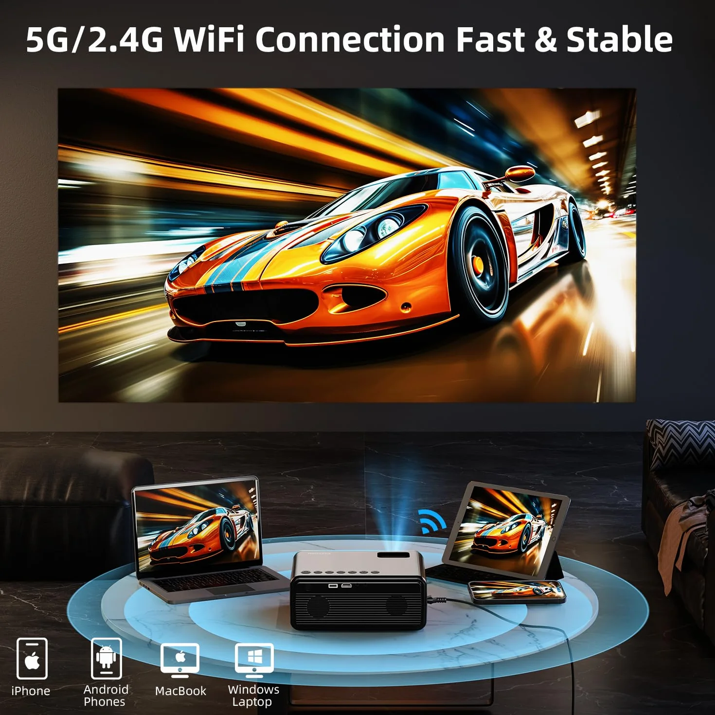 FUDONI Projektor z obsługą WiFi i Bluetooth 4K, ulepszone zewnętrzne projektory filmowe 16000 l, natywny 1080p FHD, projektor wideo do kina domowego, kompatybilny z HDMI/USB/iOS/Android/Windows/TV