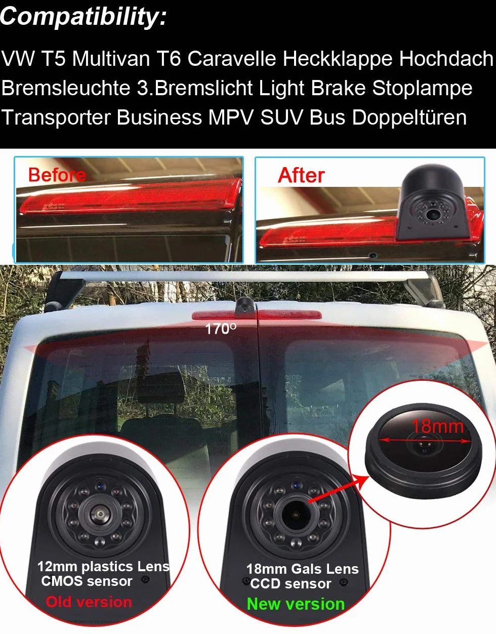 Samochód AHD IP68 1280 pikseli, 170°, transporter do pojazdu, światło hamowania, kamera cofania, system cofania, kamera dachowa z regulowanym kątem, zamiennik do V W T5 Multivan T6 Caravelle, Business