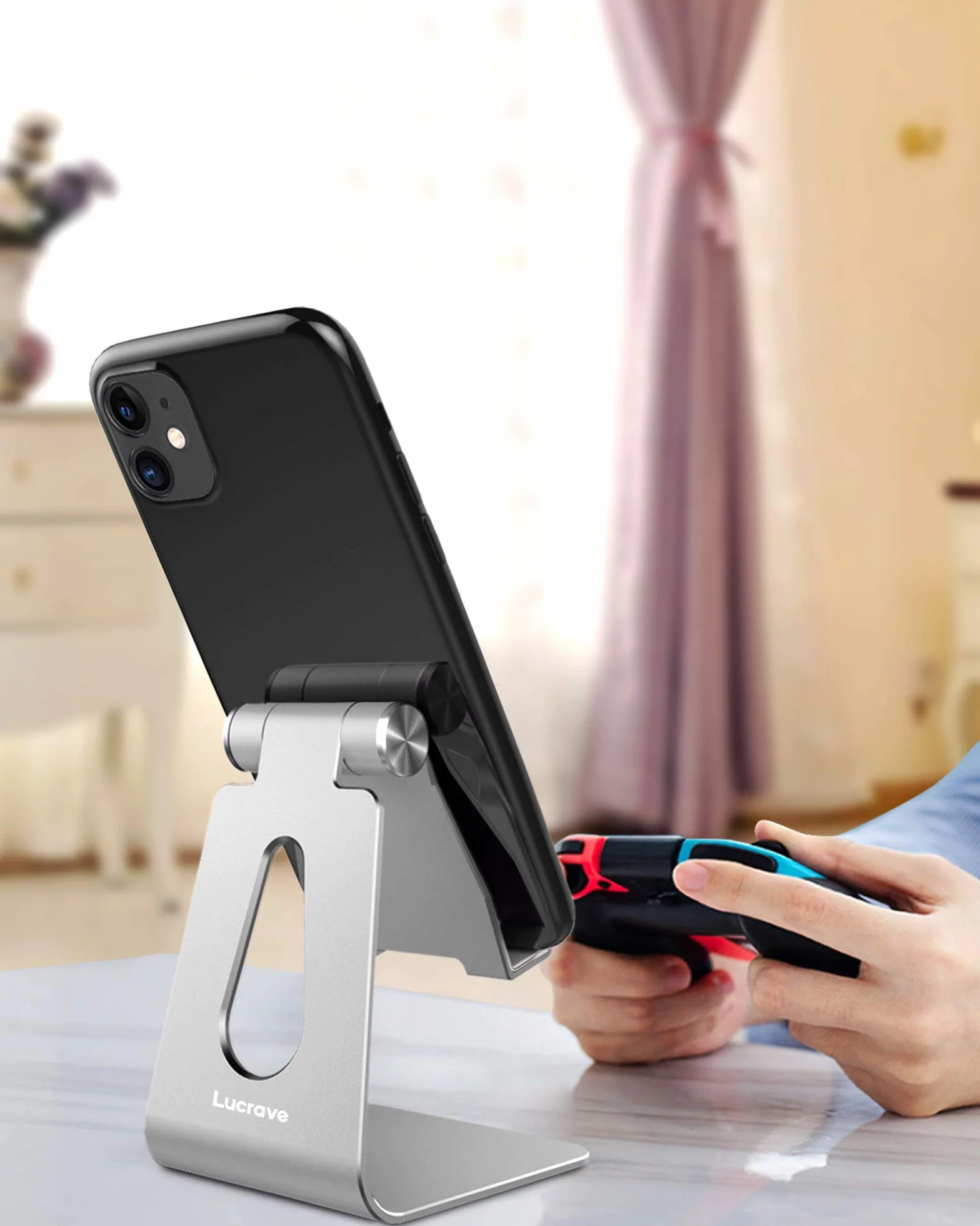 Stojak na telefon komórkowy Lucrave, regulowany aluminiowy uchwyt na telefon komórkowy na biurko Home Office dla iPhone 15 14 13 Pro Max Plus Mini XR XS X SE, Samsung Galaxy S24 S23, srebro