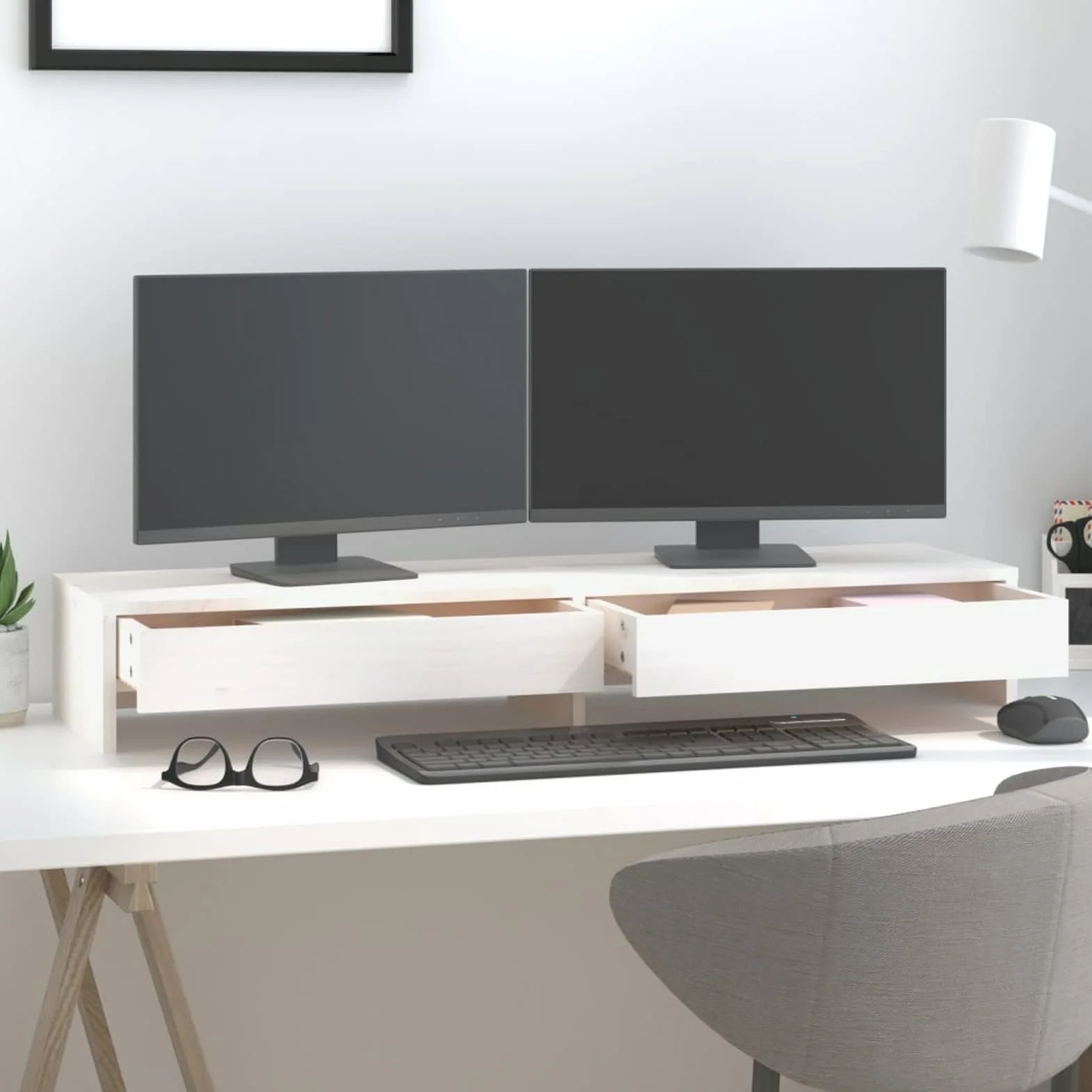 Stojak na monitor, stojak na ekran komputera, akcesoria biurowe, stojak na monitor biurko, podstawa monitora, akcesoria biurkowe, lite drewno sosnowe białe 100 x 27 x 15 cm