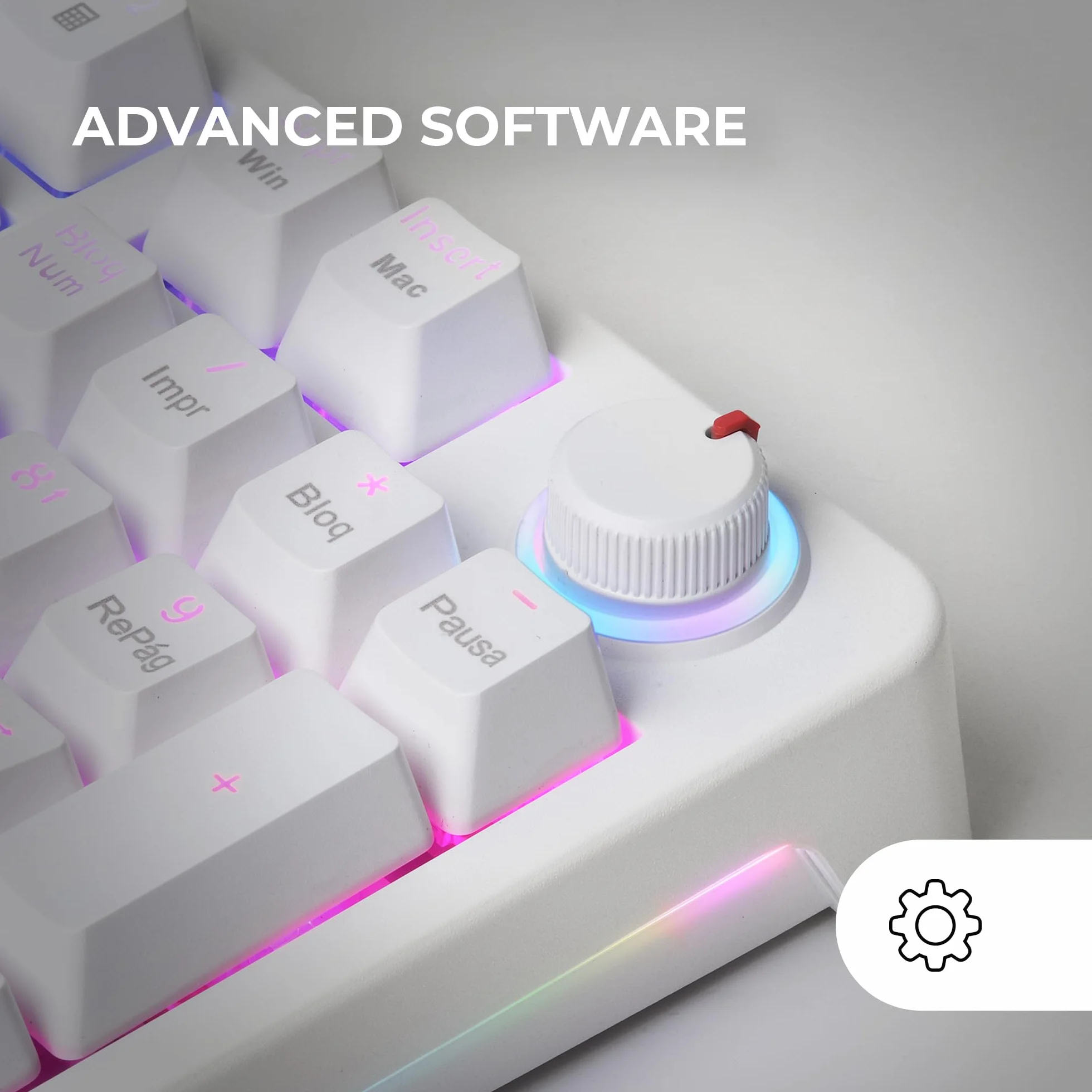 MARS GAMING MKPRO, Pełnowymiarowa Mechaniczna Klawiatura Gaming, RGB Chroma, Switches Mechaniczne Hot-Swap, Antighosting, Pokrętło Sterujące, Wieloplatformowa, Silent Switch, Hiszpański, Biały