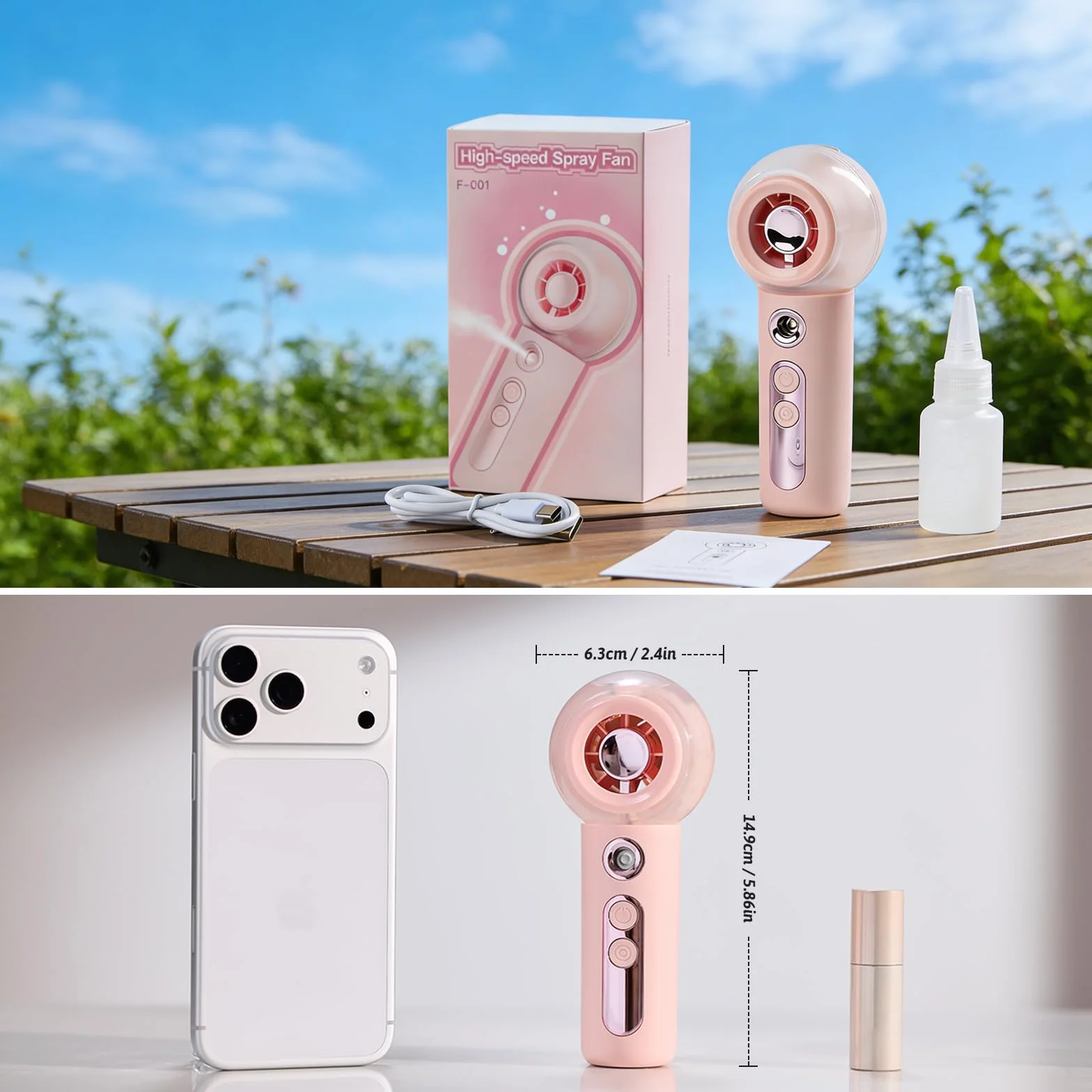 Gemmac Mini Przenośny Wentylator z Spray, Turbo Wentylator Ręczny USB z 2000 mAh Bateria/4 Prędkości, Różowy Pocket Fan dla Podróży Domu Biura na Zewnątrz Makijażu Odpowiedni dla Modnych Kobiet