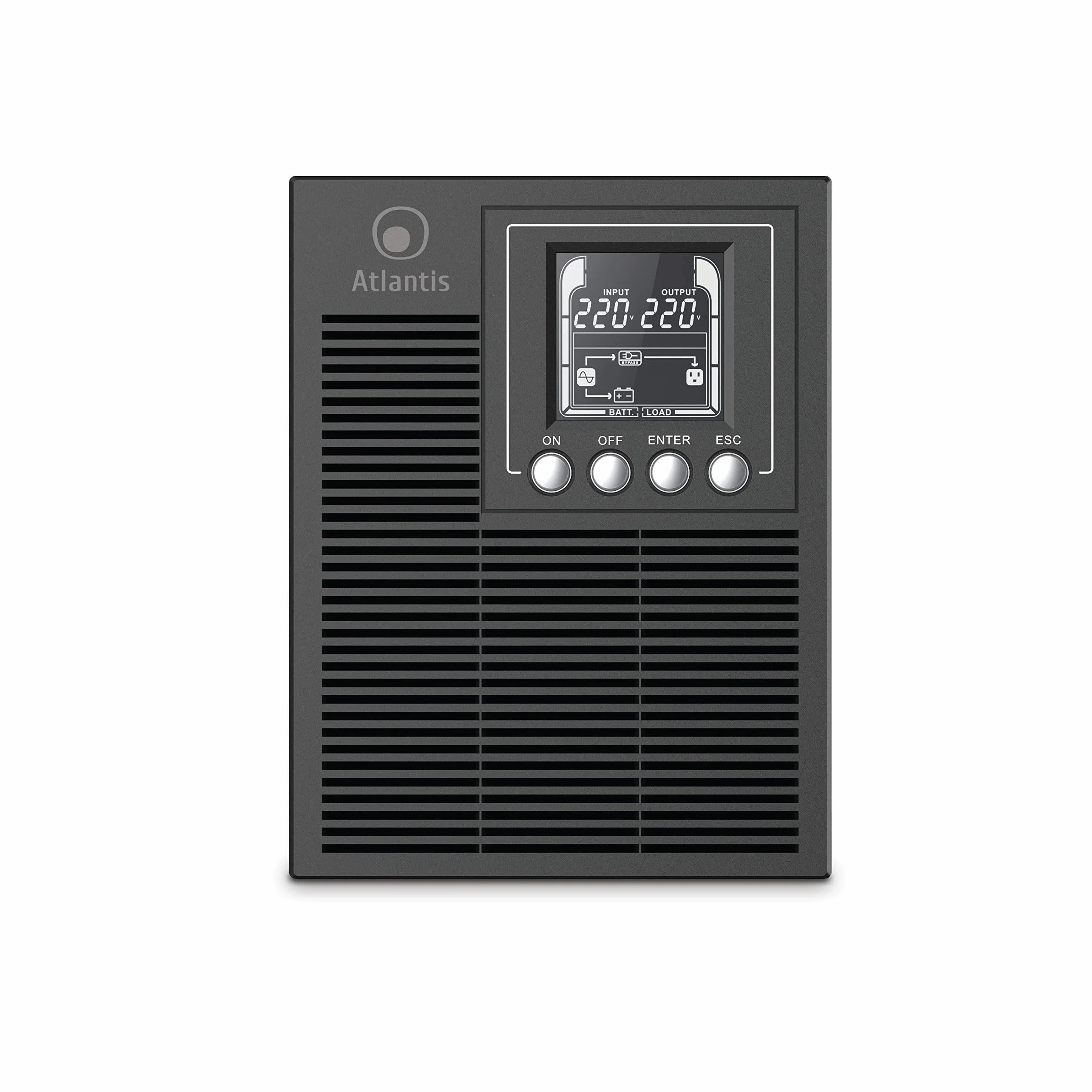 Atlantis A03-OP1002 UPS OnLine zasilacz awaryjny z podwójną konwersją czystej fali sinusoidalnej 1000 VA 900 W, Tower, wyświetlacz LCD, USB, szeregowy RS-232, 4 wyjścia IEC, port EPO, gniazdo SNMP, 2