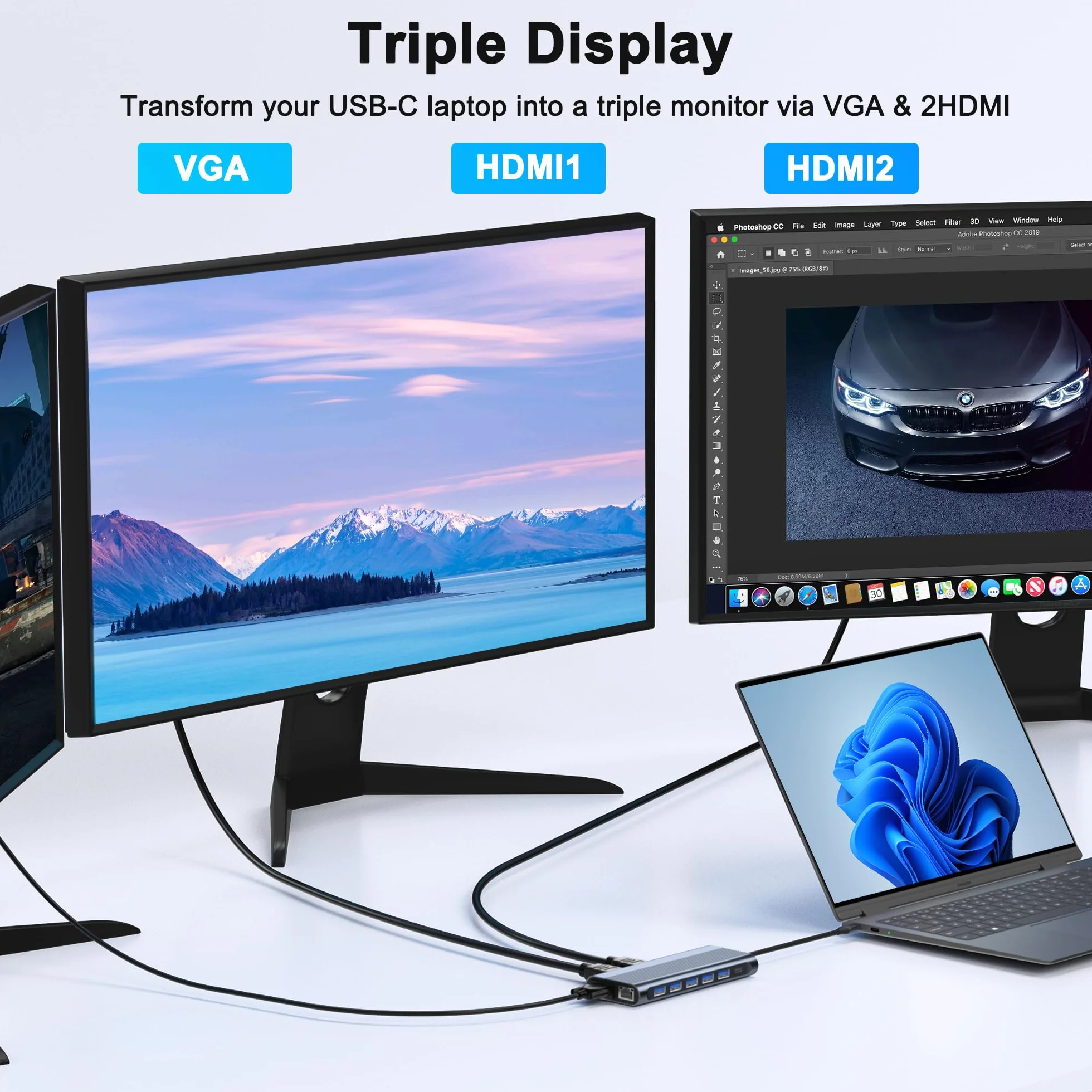 Stacja dokująca USB C, podwójny monitor do laptopa Dell/HP/Lenovo/Mac, podwójny adapter HDMI do 2 monitorów, stacja dokująca do laptopa 14 w 1, podwójny monitor z USB / HDMI / VGA/PD/Ethernet/SD/TF