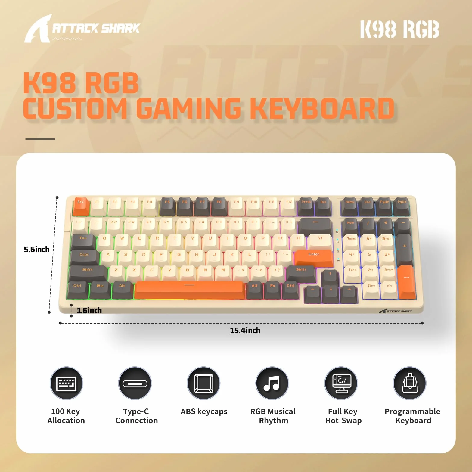 ATTACK SHARK K98 Przewodowa klawiatura mechaniczna do gier z odłączanym metalowym kablem USB C,18 LED RGB Illumination, Customized Red Switch, Programmable Actuation, 100 klawiszy dla Mac/Win（shimmer）