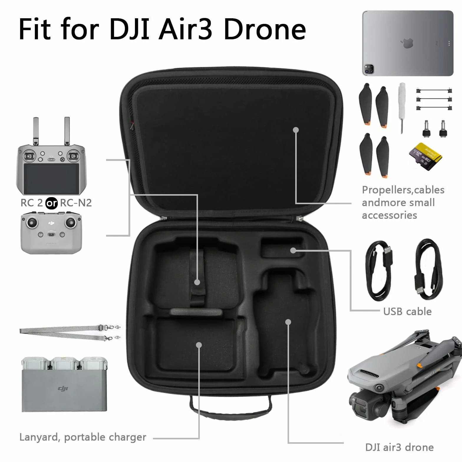 RAIACE Hard Travel Carrying Case kompatybilne z DJI Air3, DJI RC 2/ DJI RC-N2 i ich akcesoriami. (tylko walizka), czarny
