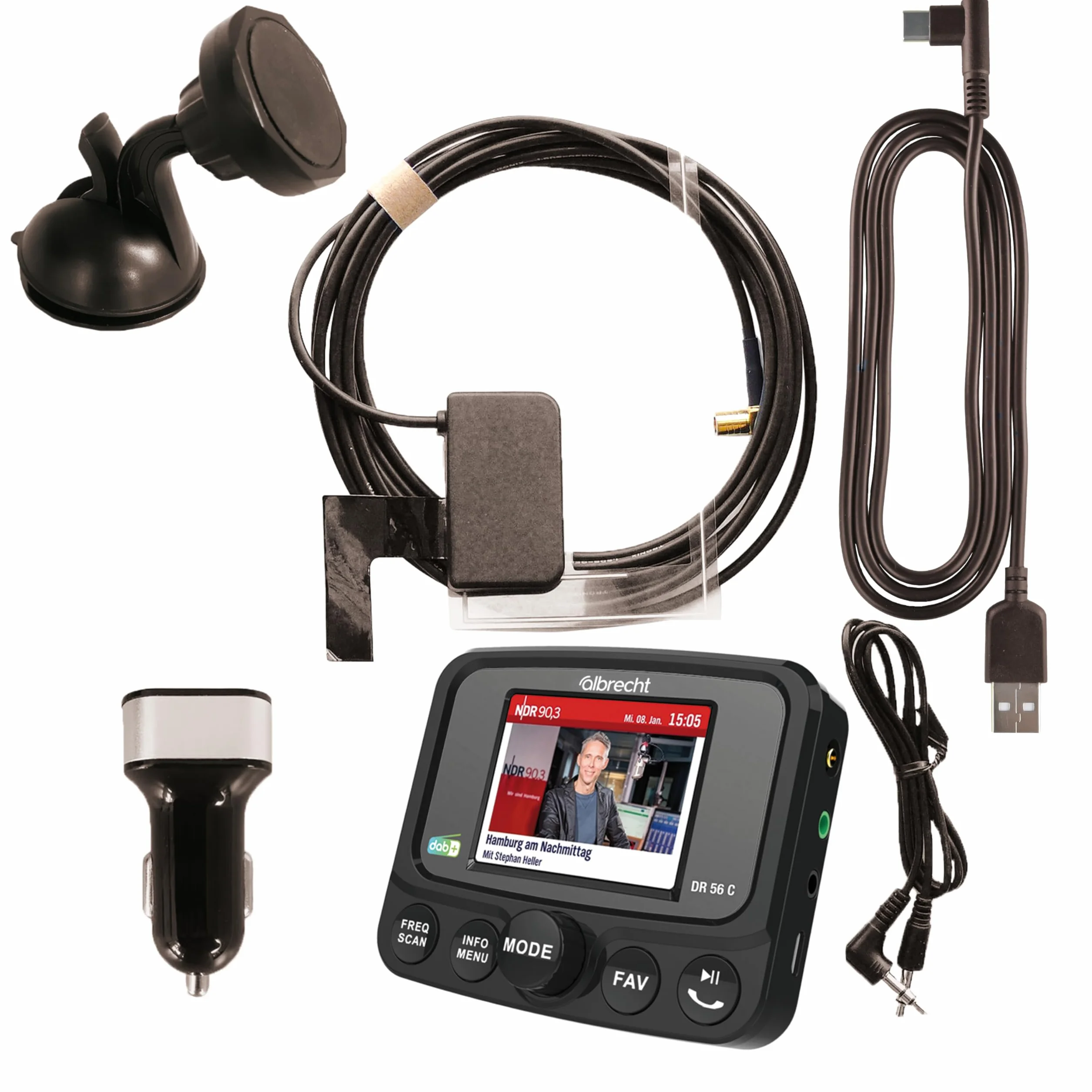 Albrecht DR 56 C cyfrowy tuner radiowy – DAB+ adapter do radia samochodowego – kolorowy wyświetlacz i Bluetooth – nadajnik FM do bezprzewodowego połączenia, akcesoria samochodowe, 27156