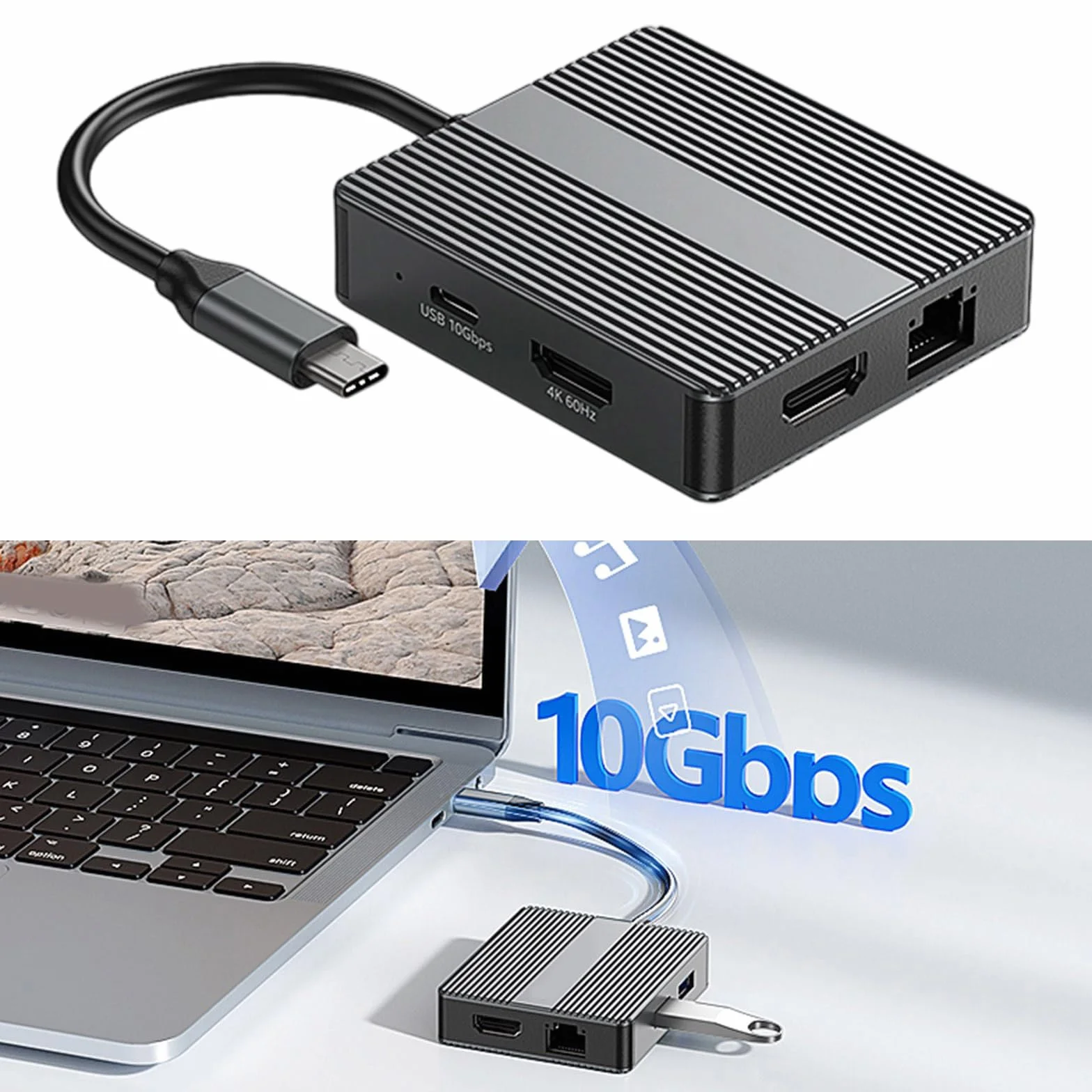 Aluminiowa stacja dokująca USB C 4K 60Hz HDTV 2xUSB3.2+Gigabit Ethernet szybkie ładowanie do laptopa tabletu PC aluminiowa stacja dokująca