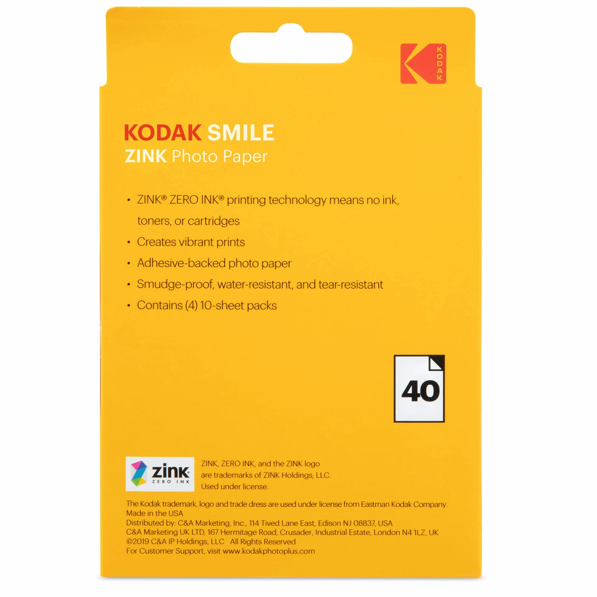 Kodak 8,5 x 10,5 cm Premium Zink Print Papier fotograficzny (40 arkuszy) kompatybilny z Kodak Smile Classic Instant Camera