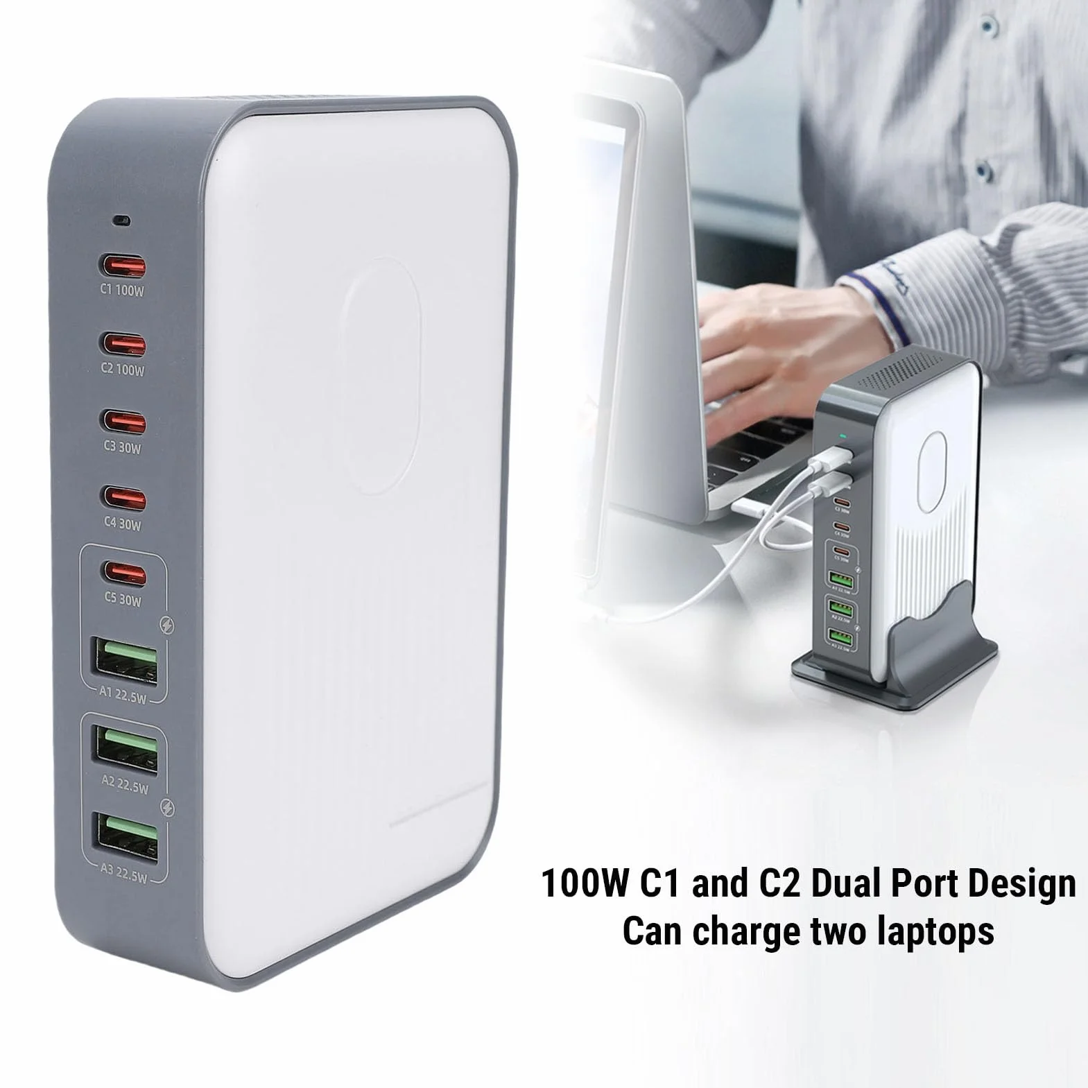 Sxhlseller 8-portowa Stacja ładująca USB z Szybkim ładowaniem PD 100 W |Podwójne ładowanie Laptopa, 200 W, Stabilna Podstawa W Kształcie Litery U do Telefonów, Tabletów i Nie Tylko (wtyczka UE)