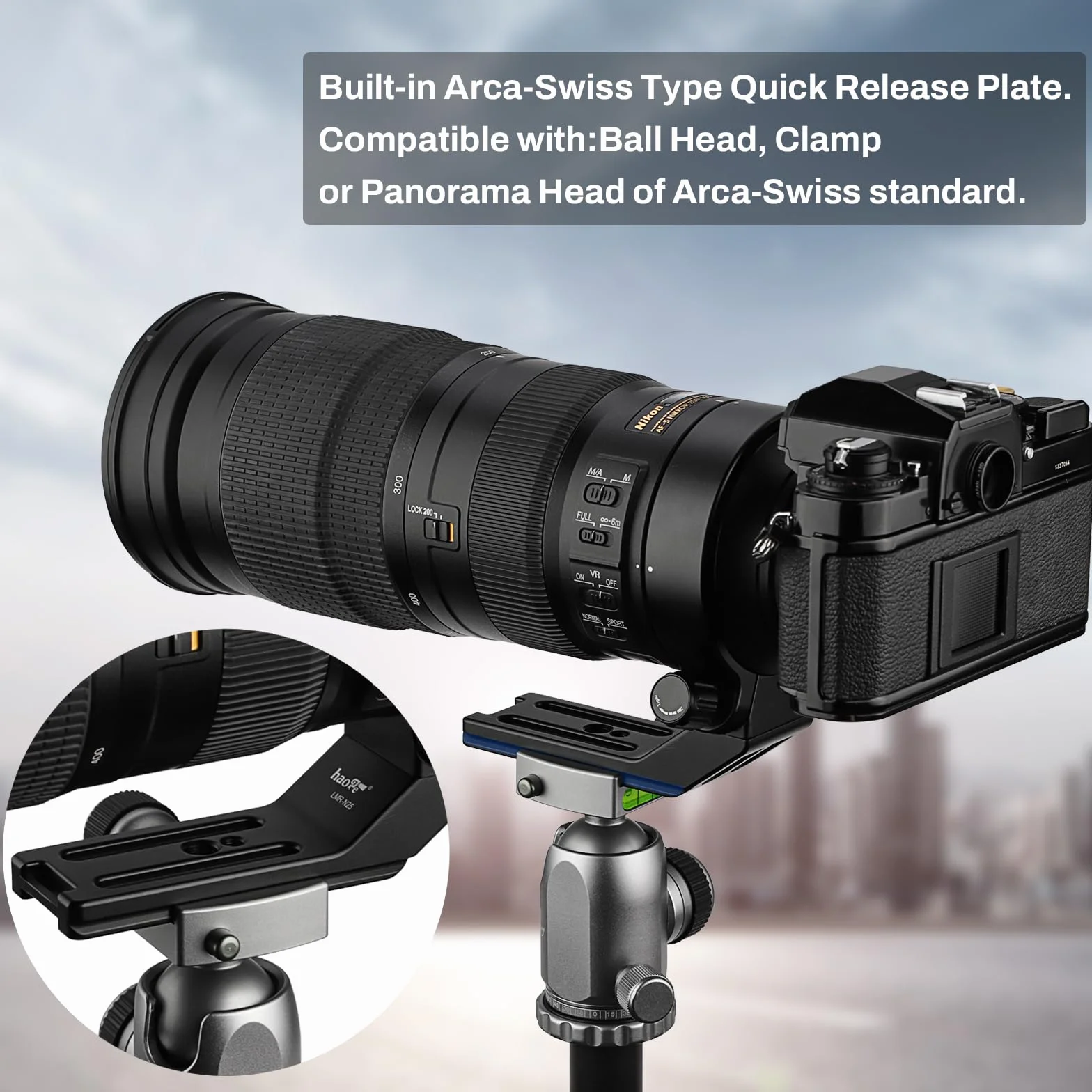 Haoge LMR-N25 kołnierz obiektywu stopa pierścień do statywu Nikon AF-S Nikkor 200-500mm f/5.6E ED VR obiektyw wbudowany Arca Swiss Type Quick Release Plate