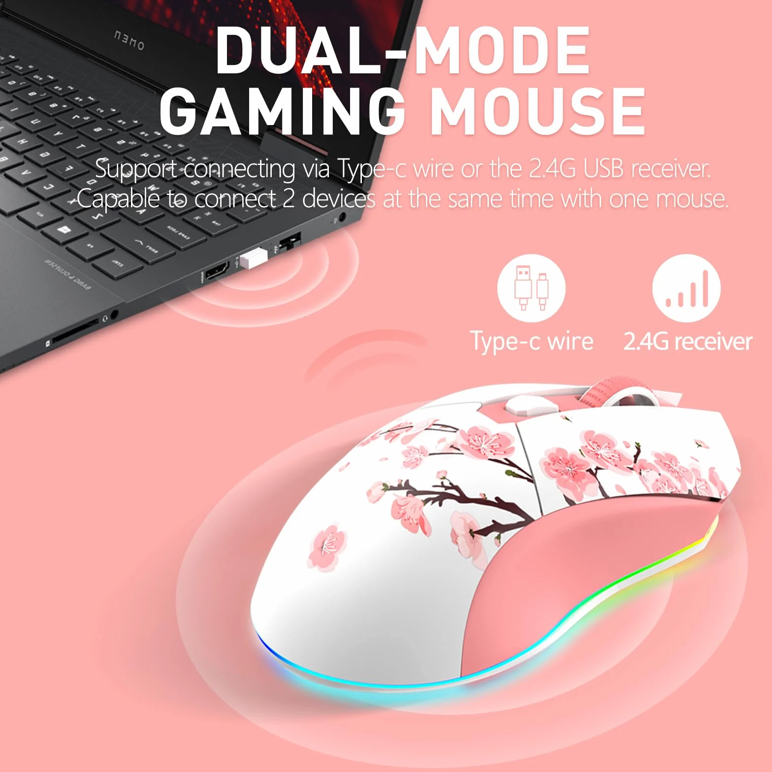 DAREU Pink Mysz do gier bezprzewodowa z magnetyczną stacją dokującą do ładowania RGB, 12 tys. dpi, 7 programowalnych przycisków, precyzyjny czujnik 300IPS 1000 Hz do komputerów PC i notebooków Mac