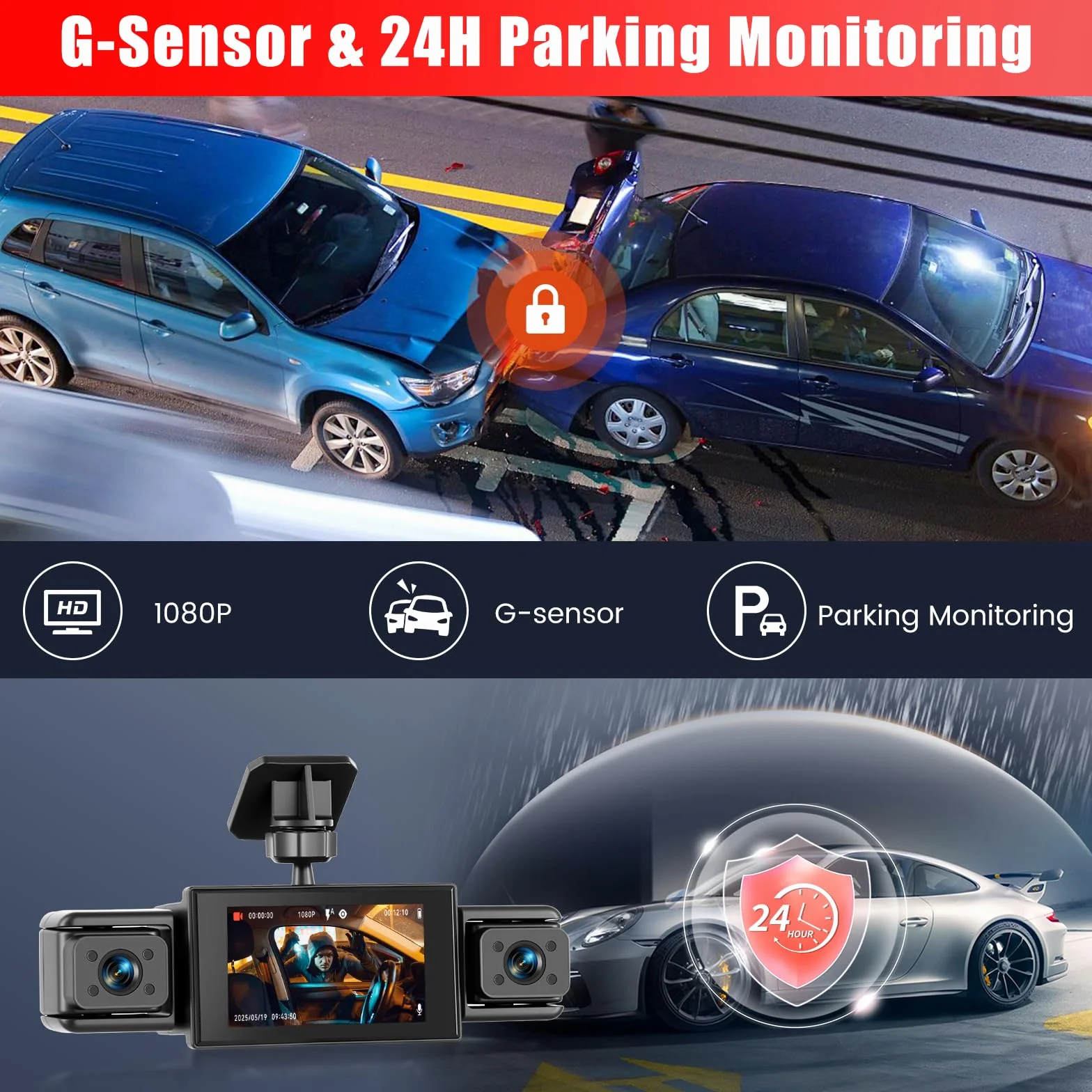 1080P Dash Cam 360 stopni 4 kanały, ekran 3 cale | Dashcam z kartą SD 64G, czujnik G, kamera cofania, tryb parkowania 24H, noktowizor, nagrywanie w pętli
