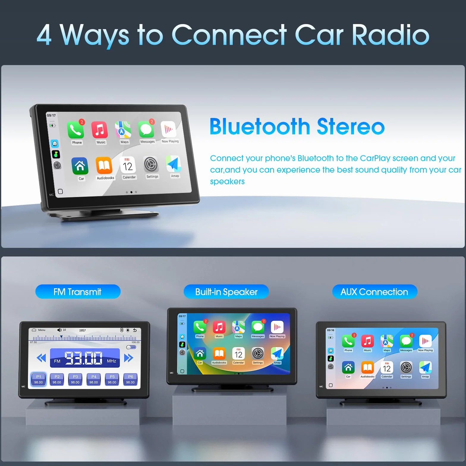 Haudio 7-calowy ekran Carplay do Apple & Android Auto, przenośne radio samochodowe z tylną kamerą 1080p, bezprzewodowe odtwarzanie samochodu ze sterowaniem głosem i łączem lustra, ekran dotykowy audio