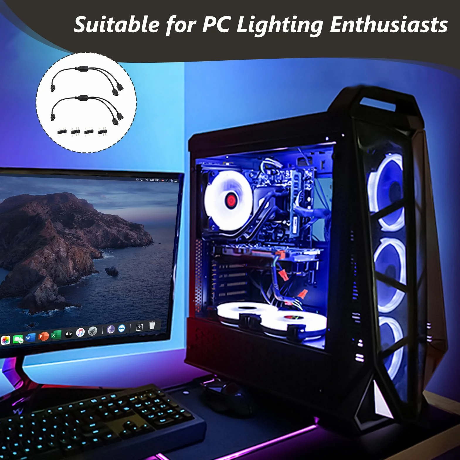 2 kable RGB PC, 1-2, rozdzielacz ARGB, 3-pinowe, 5 V, 30 cm, z pinami męskimi, przedłużenie ARGB do wentylatorów i taśm LED, kompatybilne z płytami głównymi, koncentratorami RGB do gier komputerowych
