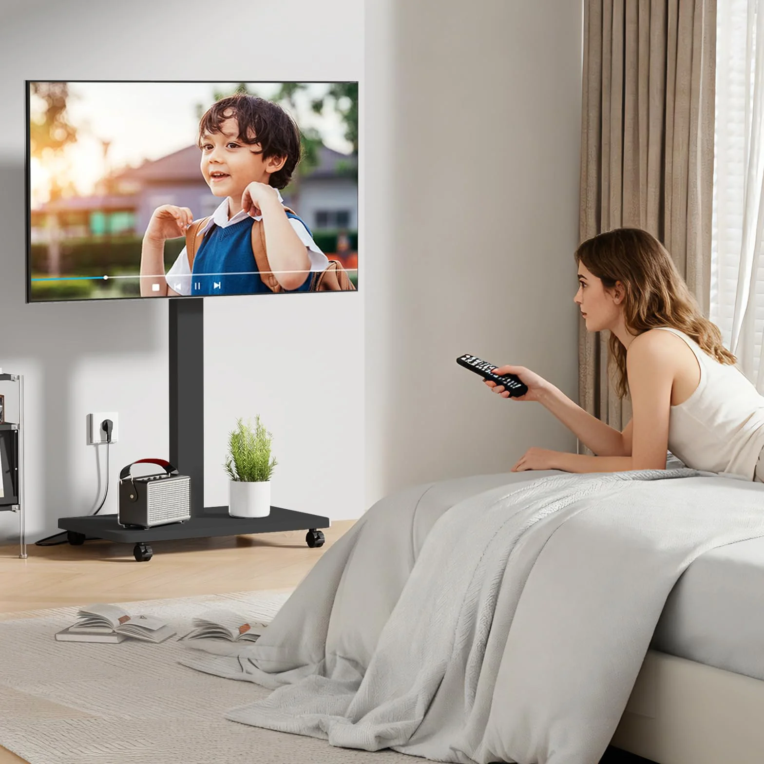 Wózek na kółkach do telewizorów plazmowych LCD LED OLED, z regulacją wysokości, stojący wózek pod telewizor z obrotem panelu o 90°, mobilny stojak na telewizor na kółkach, nośność 30 kg, maks. VESA