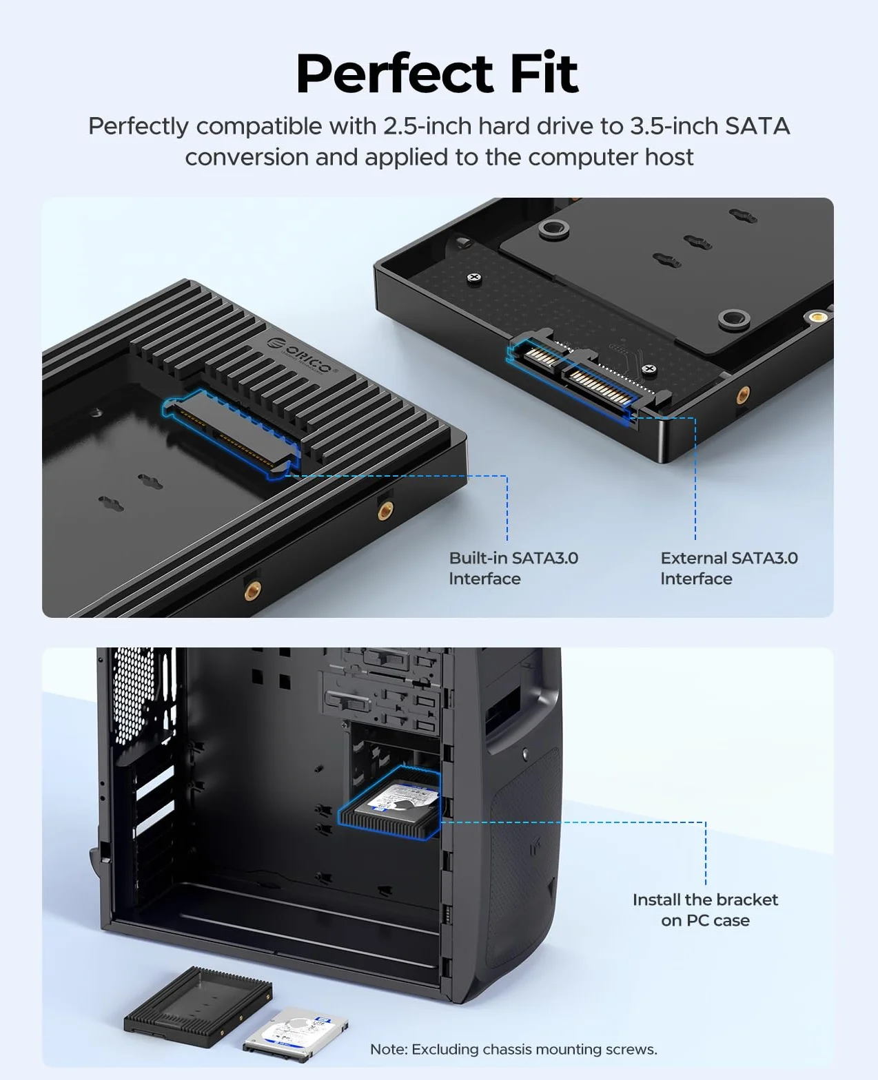 ORICO Adapter dysków twardych 2,5 cala na 3,5", ramka montażowa konwertera, ramka wymienna do 2,5-calowego dysku twardego SATA HDD lub SSD 7/9,5/12,5 mm (D2SS)