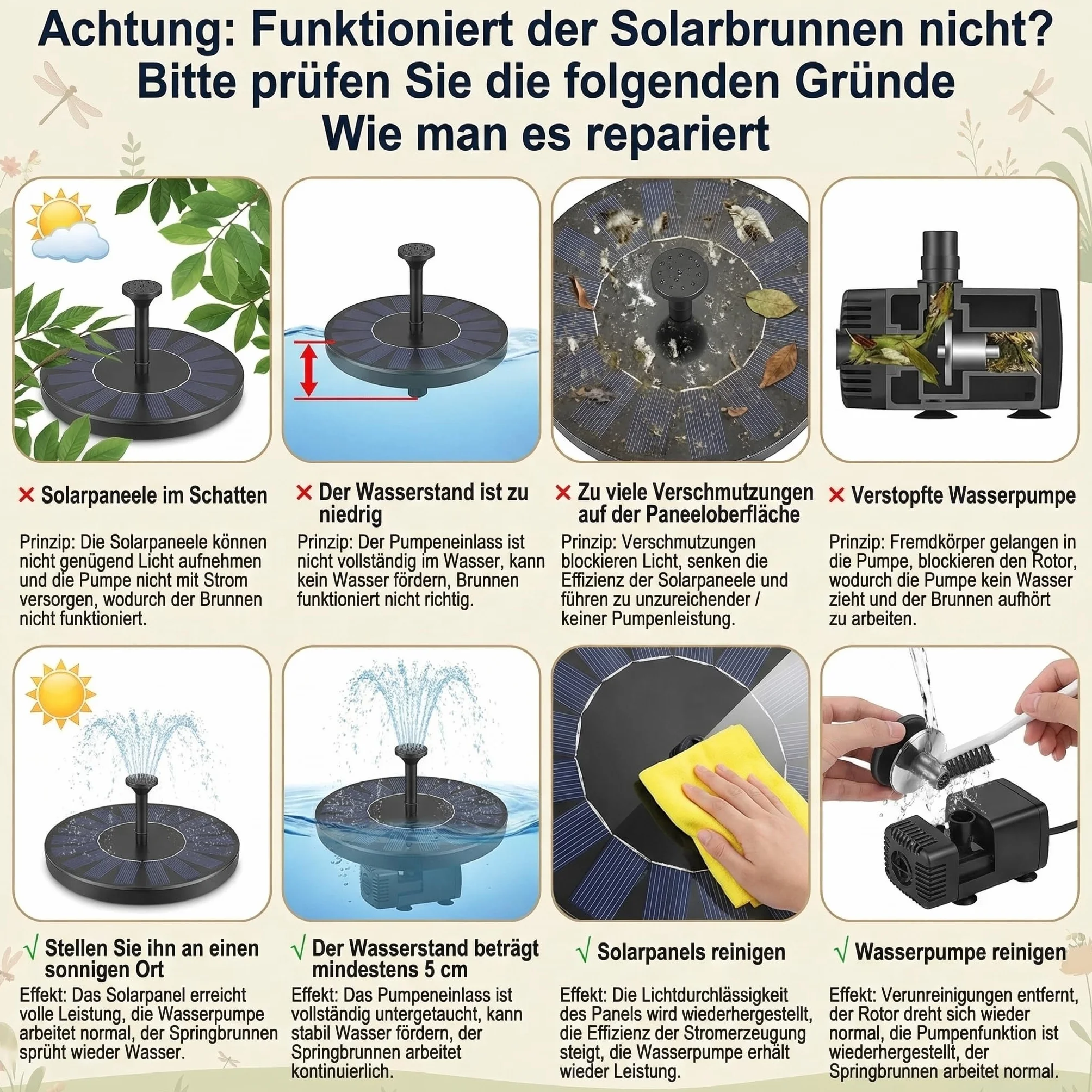 Solarna fontanna, ulepszona pompa do stawu 2026, pompa wodna – praca w pochmurne dni, solarna pompa pływająca z 6 dyszami, do ogrodu, łaźni dla ptaków, ryb (16 cm)