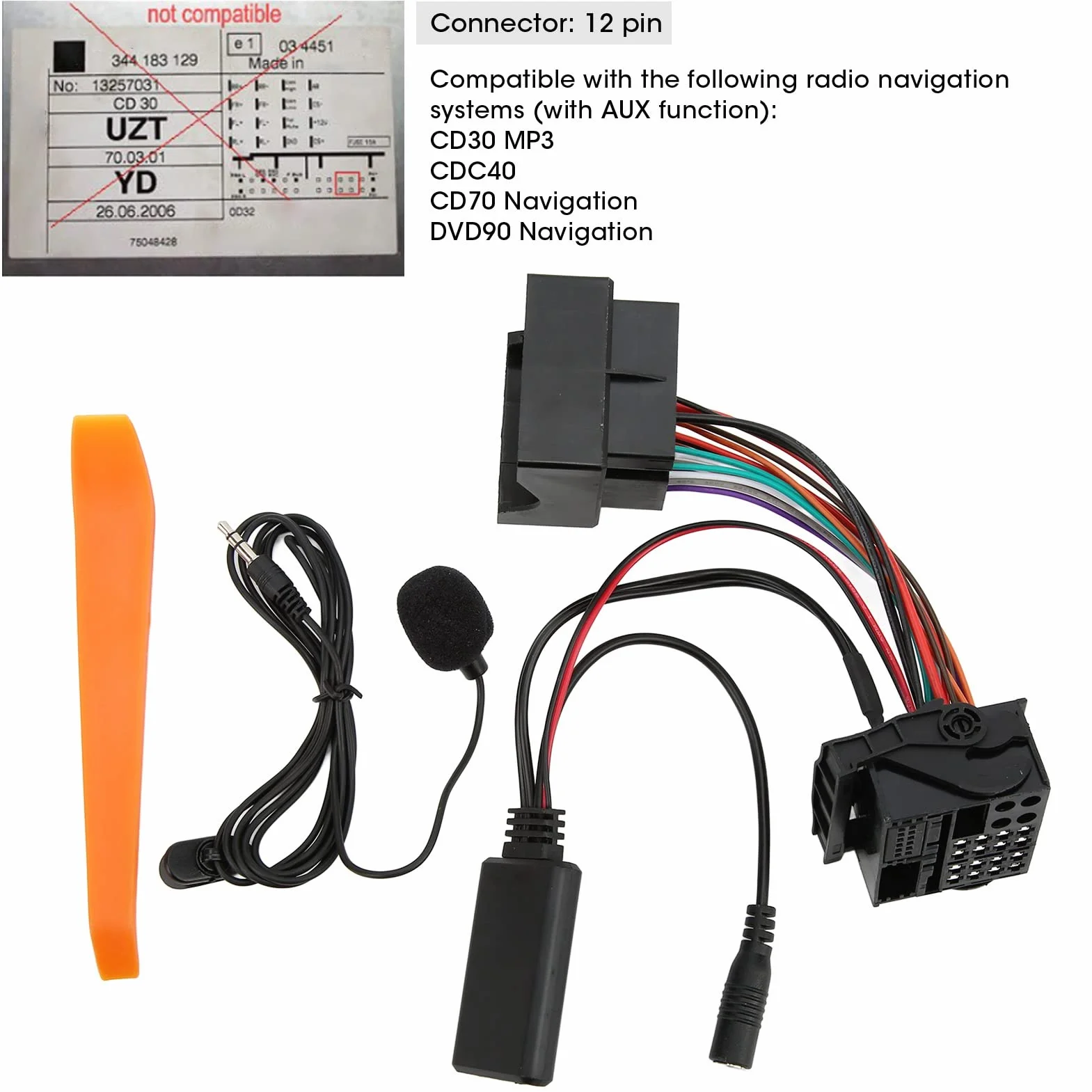 Bezprzewodowy adapter kablowy Bluetooth 5.0 z zestawem mikrofonowym, zestaw głośnomówiący, adapter audio i muzyka, kabel AUX in z 12-biegunowym mikrofonem do CD30, Mp3, CDC40,