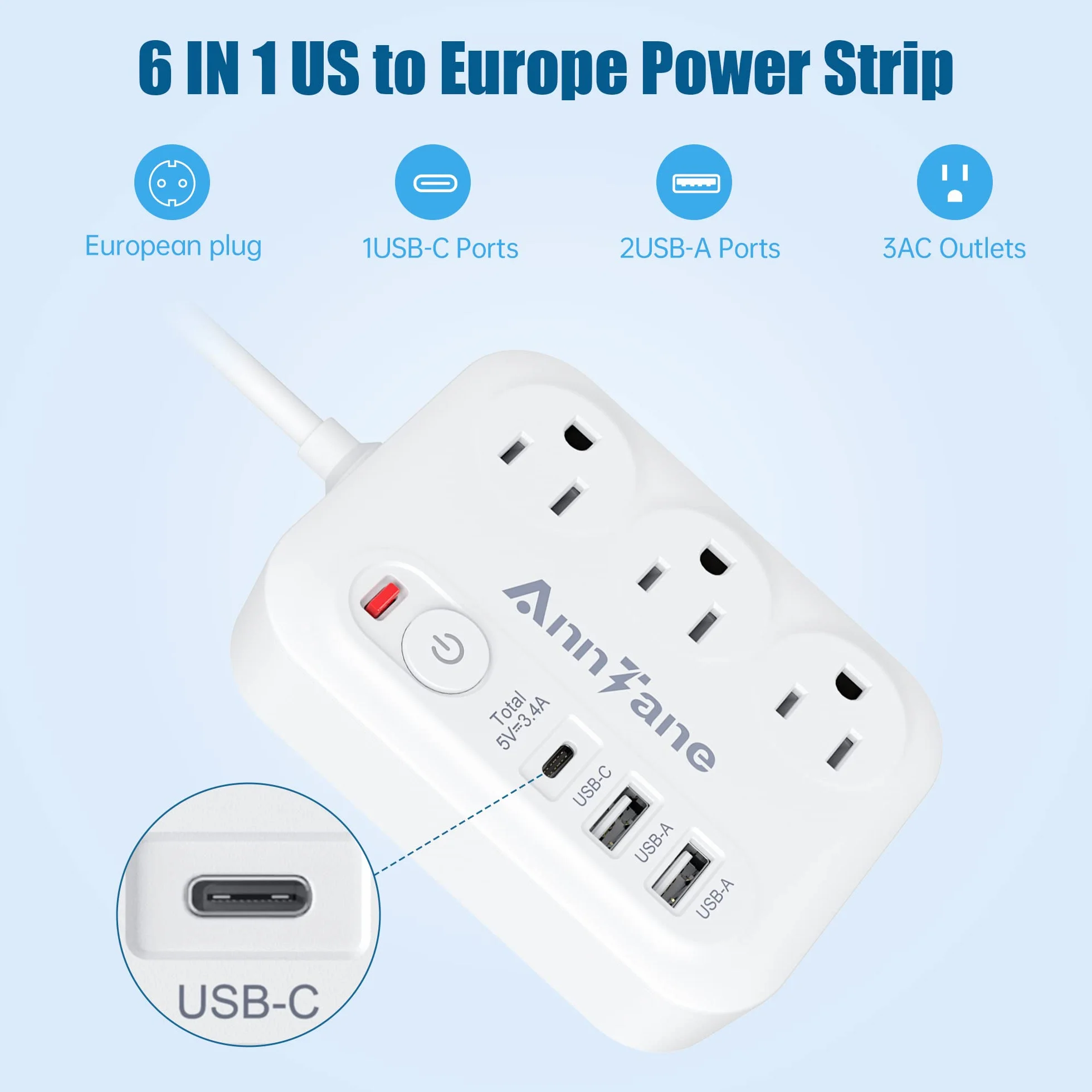 European Travel Plug Adapter with 4FT Extension Cord, (Not for UK) US to European International Plug Adapter Travel Essentials France Germany Greece