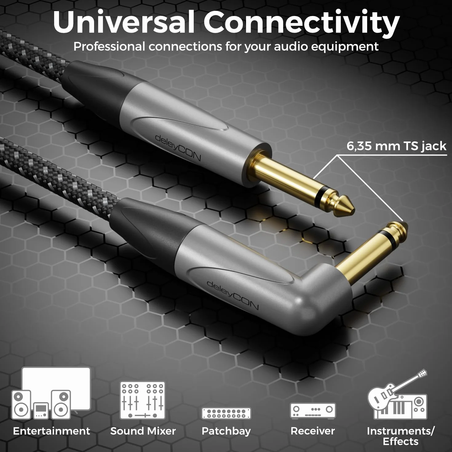 deleyCON Kabel Gitarowy 6,35 mm 5 m, Kabel Instrumentalny TS Mono z Wtykiem Kątowym - do Gitary Elektrycznej, Basu, Perkusji, Pedałów Efektów, Wzmacniaczy, Mikserów, Tunerów, Głośników