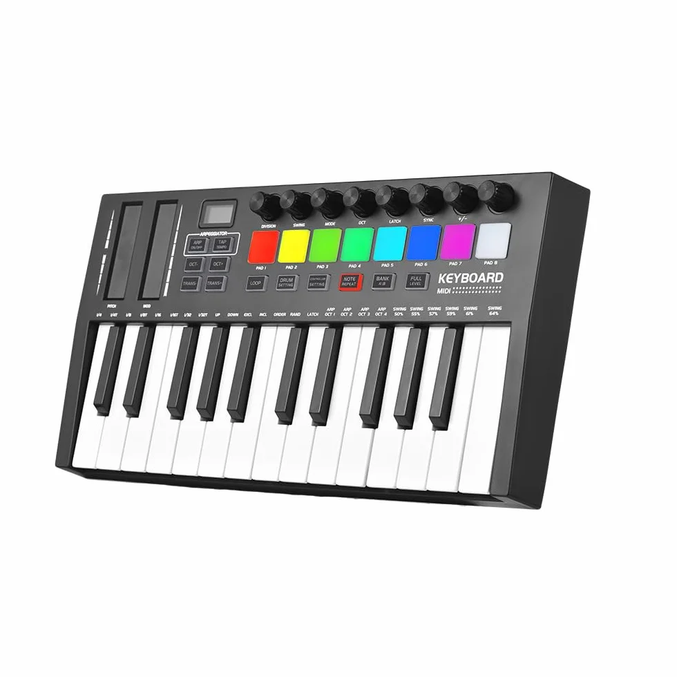 Domary 25-klawiszowa Klawiatura MIDI z Podświetlanymi Podkładkami RGB Wyświetlacz OLED USB Typu C, do Przenośnej Produkcji Muzycznej Beat Maker Producent Muzyczny DJ
