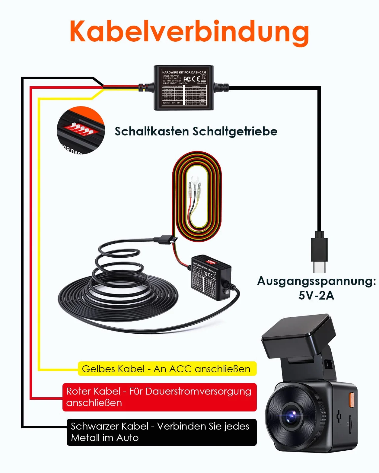 VANTRUE 5 poziomów 11,5 ft USB-C Hardwire Kit z Acc do wszystkich kamer na deskę rozdzielczą, 6 ustawień czasu nagrywania, 12-24 V do 5 V, tryb parkowania 24 h, kompatybilny z kamerą na deskę