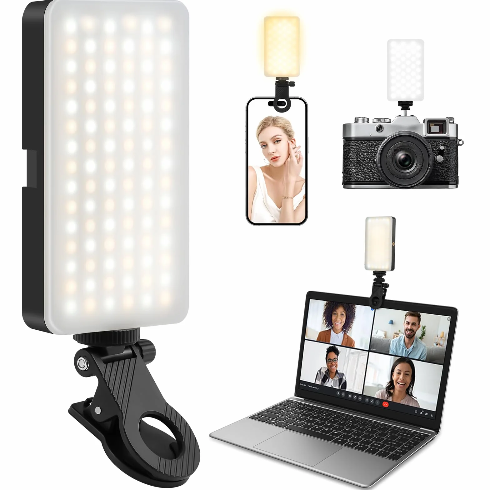 LOPHE 90 LED światło wideo, 3 tryby świecenia i 9 poziomów jasności, 2700 K - 6500 K, do selfie, komórki, tabletu i aparatu, z klipsem i gorącą stopką, do ponownego ładowania, czarne i białe