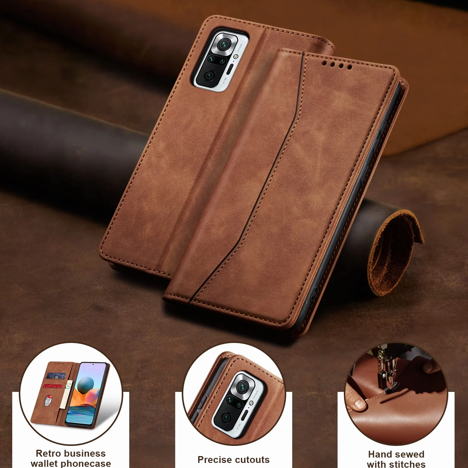 Jasonyu Etui z Klapką dla Xiaomi Redmi Note 10 Pro/Note 10 Pro Max - Skórzana Klapka z Magnesem, Uchwyt na Karty i Podpórką, Ochrona Przed Wstrząsami TPU (Brązowy)