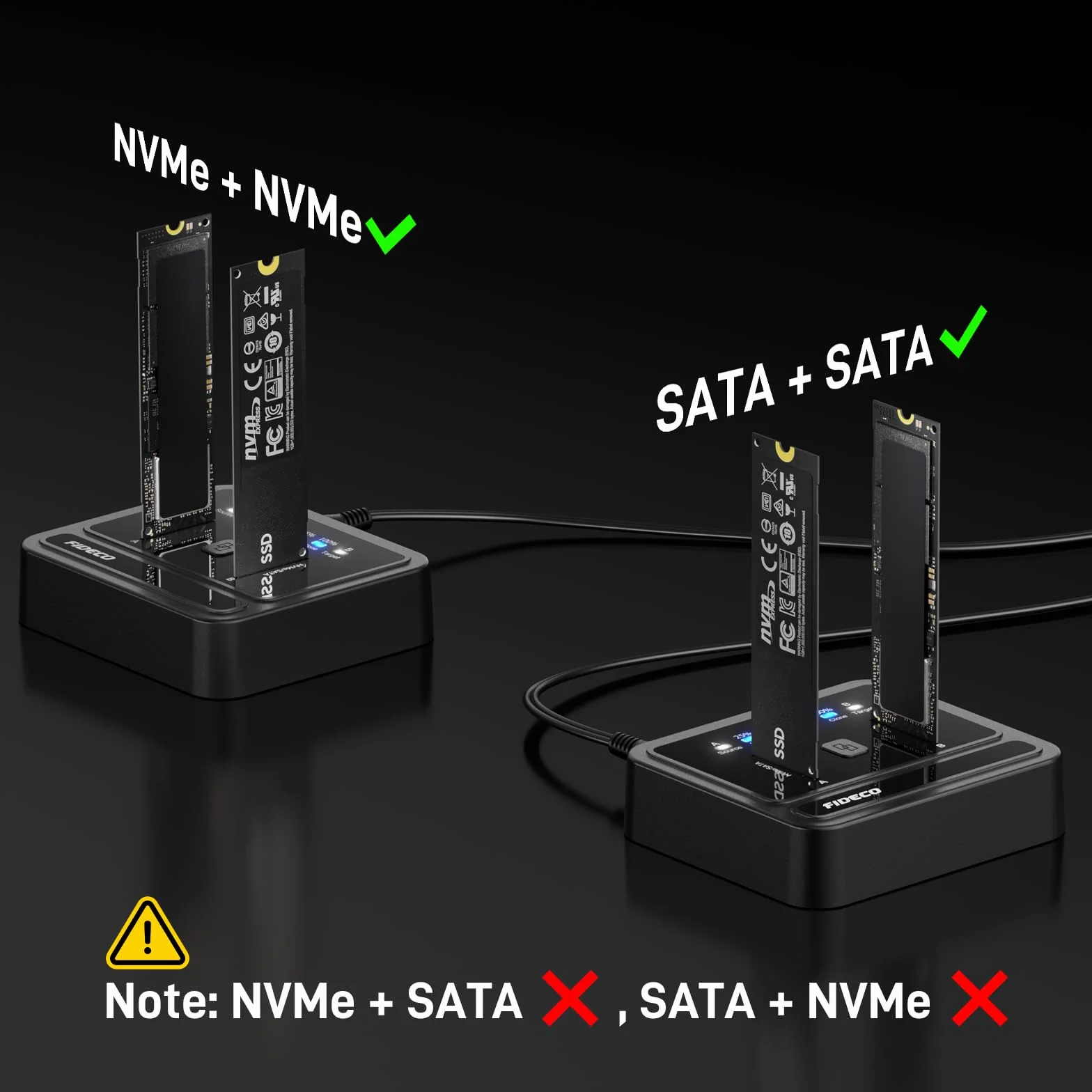 FIDECO M.2 NVMe SATA SSD Cloner Dock, USB 3.2 Gen 2 X 2, 20 Gb/s M.2 NVMe Cloner Duplicator, obsługa klonu offline, UASP i wykończenia, czarna