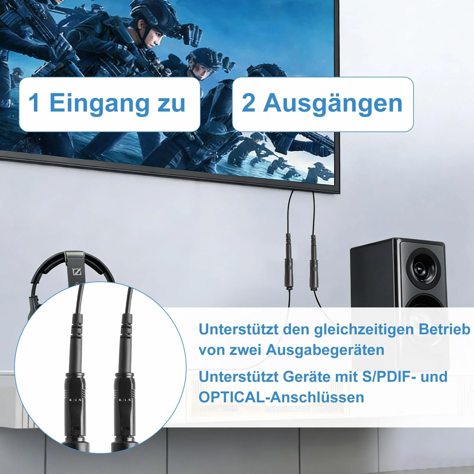 TNSLAND Toslink Digital Optical Splitter Adapter kabel 1 na 2 wyjścia, 32 cm kabel audio SPDIF rozszerzenie, splitter SPDIF kabel audio wejście 2 gniazda 1 wtyczka do kina domowego, TV, odtwarzacz DVD