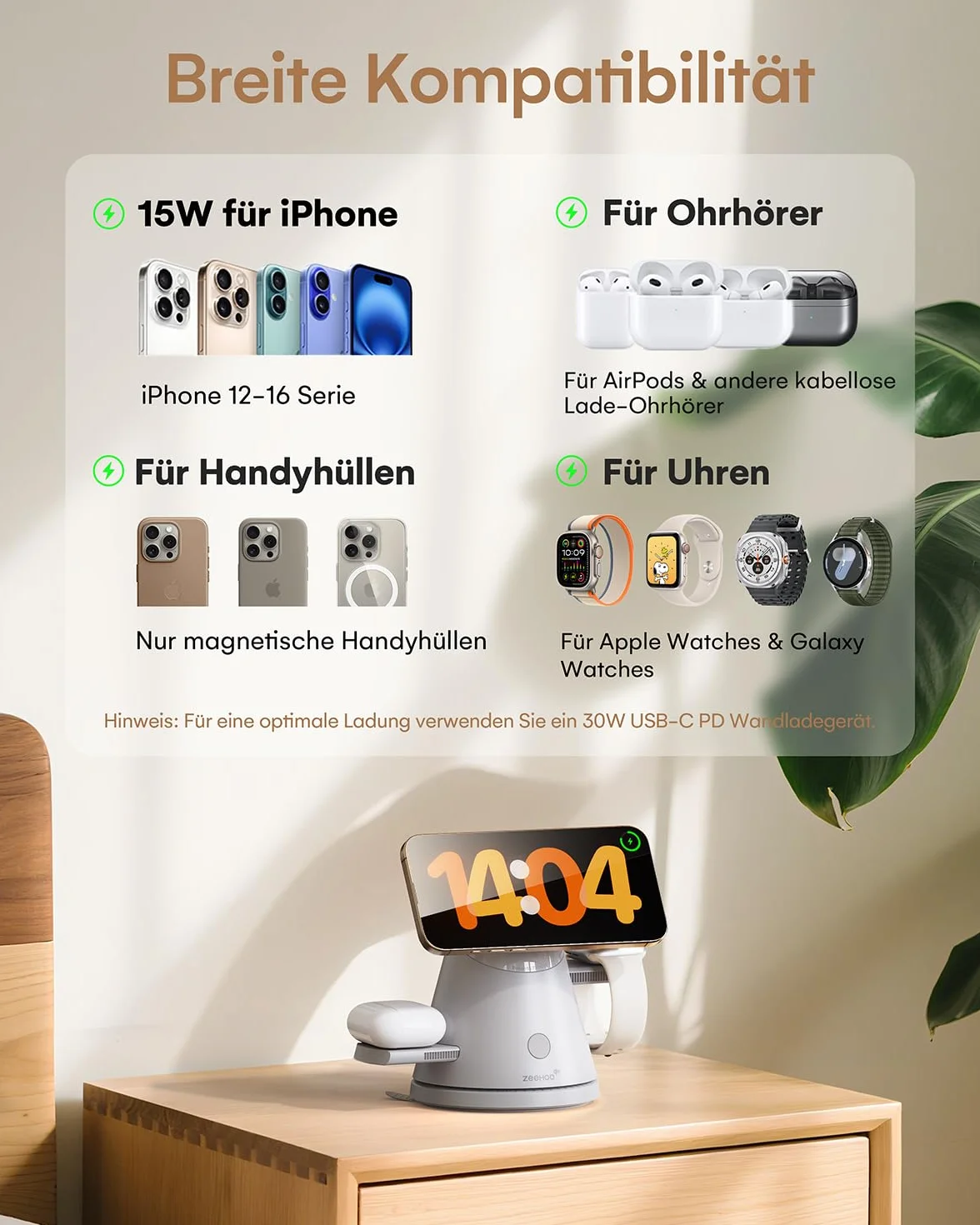 Stacja ładująca 3 w 1 do urządzeń Apple, Mag-Safe podstawka ładująca z światłem, szybka bezprzewodowa stacja ładująca do iPhone 17/16/15/14/13/12, AirPods, iWatch i Pixel 10, Samsung Galaxy Watch