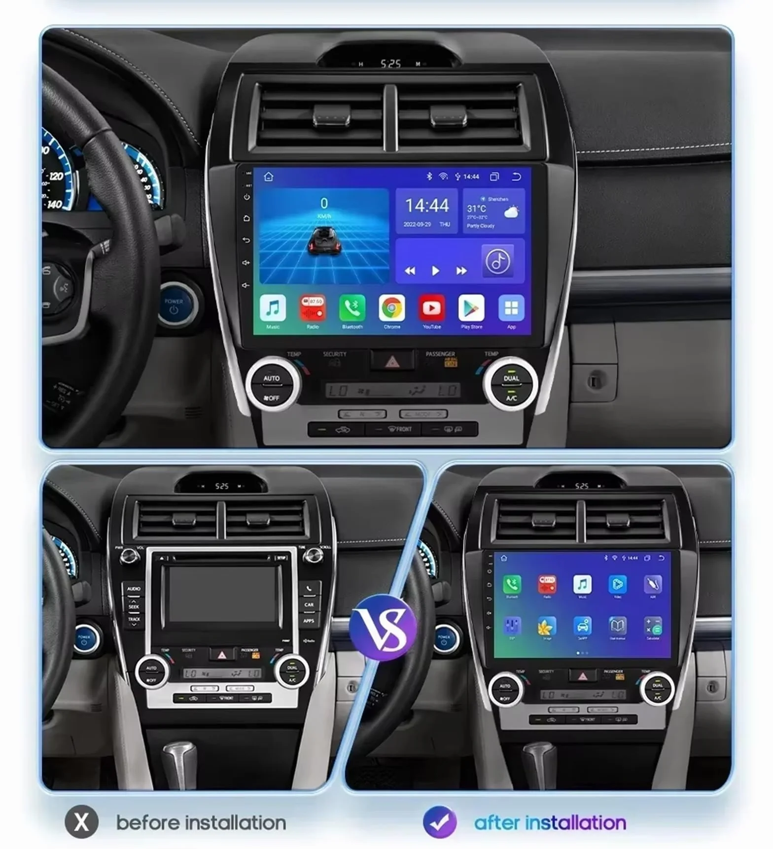 Radio samochodowe Android 15 2 DIN z 10-calowym ekranem dotykowym do Toyoty Camry 2012-2014 z kamerą cofania/Carplay/BT/FM/GPS/USB/WIFI/sterowaniem z kierownicy/audio samochodowe (EP30 4+64G