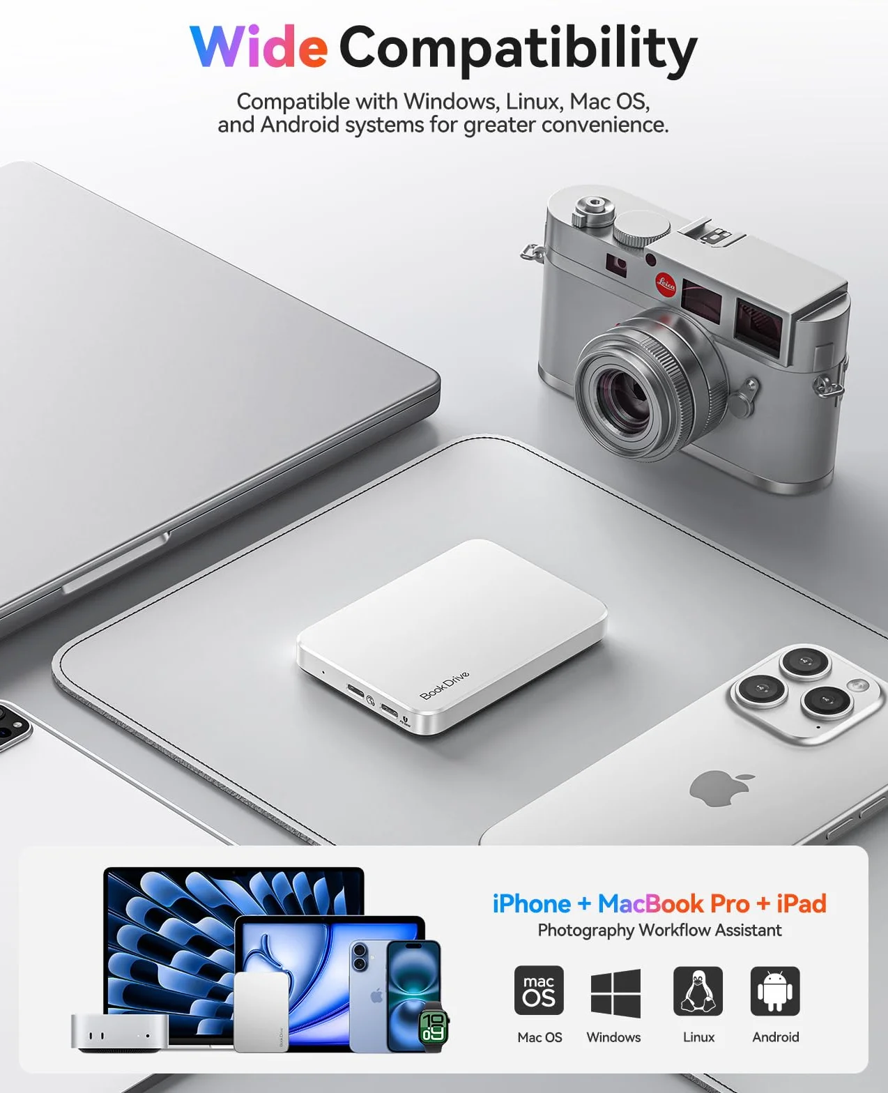 ORICO Magnetyczny zewnętrzny dysk SSD 1 TB z ładowaniem PD 100 W, do 1000 MB/s, przenośny dysk SSD USB 3.2 Gen 2, kompatybilny z laptopami typu C, smartfonami, iPhone 16/15 Pro Max - BookDrive P10PLUS