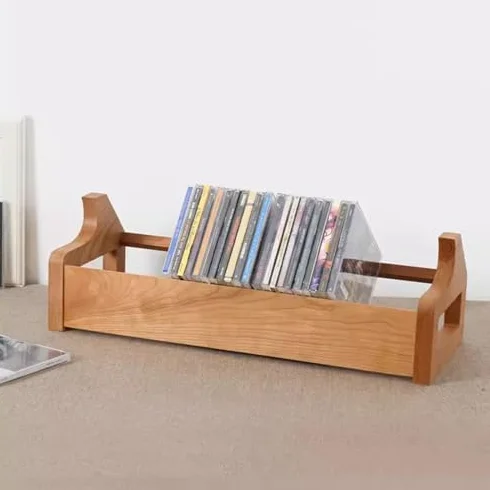 Kompaktowy stojak do przechowywania płyt CD z litego drewna, na płyty DVD, drewniane etui na klejnoty, stojak do gier wideo i płyt CD, 49 x 18,8 x 15,6 cm (wiśniowe wykończenie)