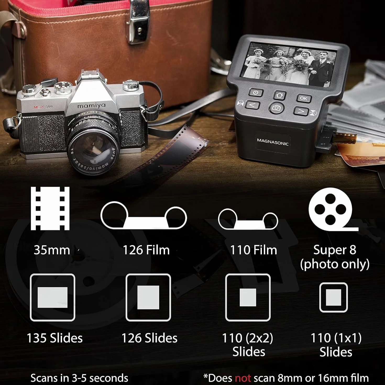 Magnasonic Wielofunkcyjny skaner do filmów 24MP z dużym 5-calowym wyświetlaczem i HDMI — konwertuje filmy 35mm/126/110/Super 8 oraz slajdy 135/126/110 na zdjęcia cyfrowe, z wbudowaną pamięcią (FS71)