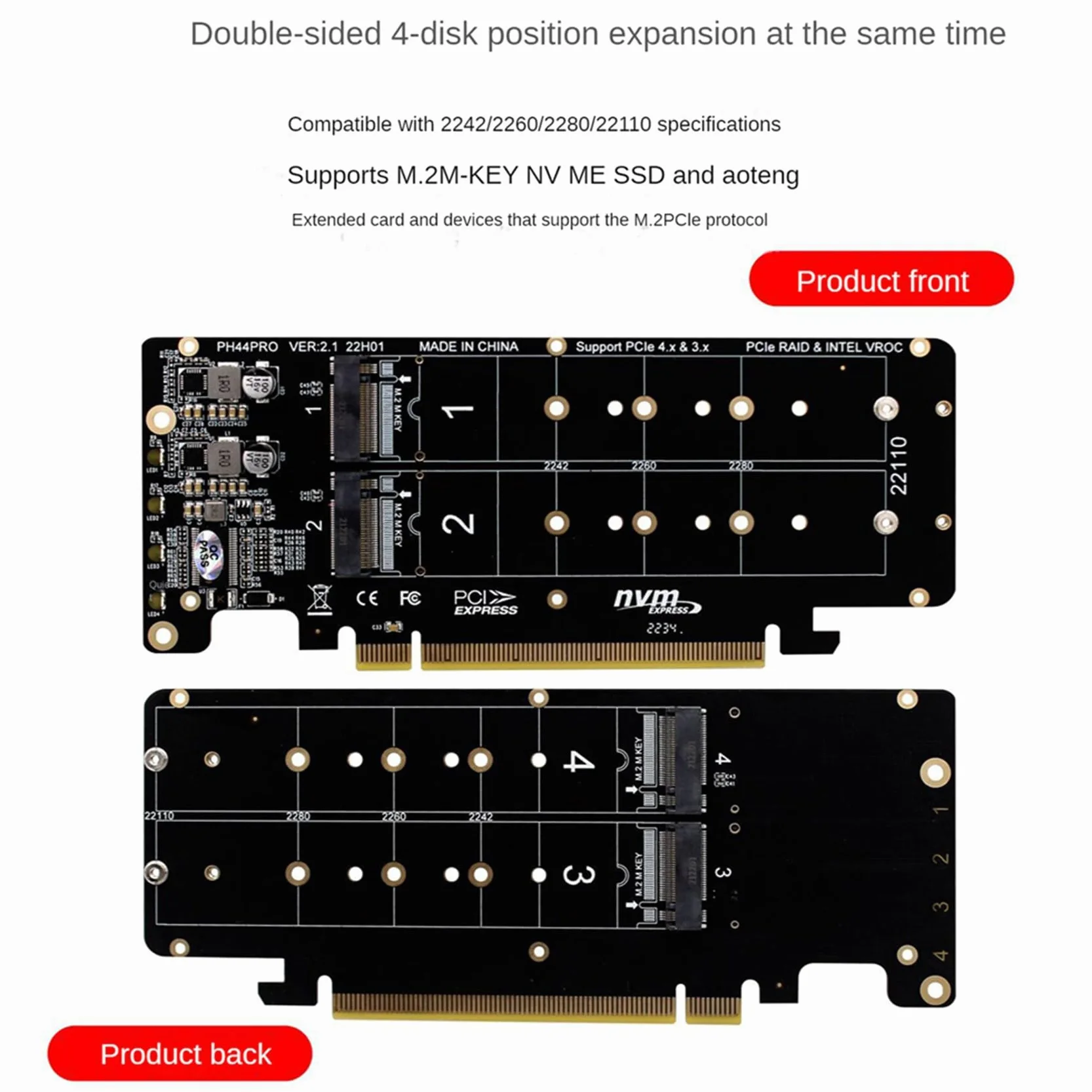 4 x karta rozszerzenia PCIE 4.0 Dual Disk PCIeX16 do M.2 M-Key NVME SSD, obsługuje 4 dyski SSD NVMe M.2 M Key 2280
