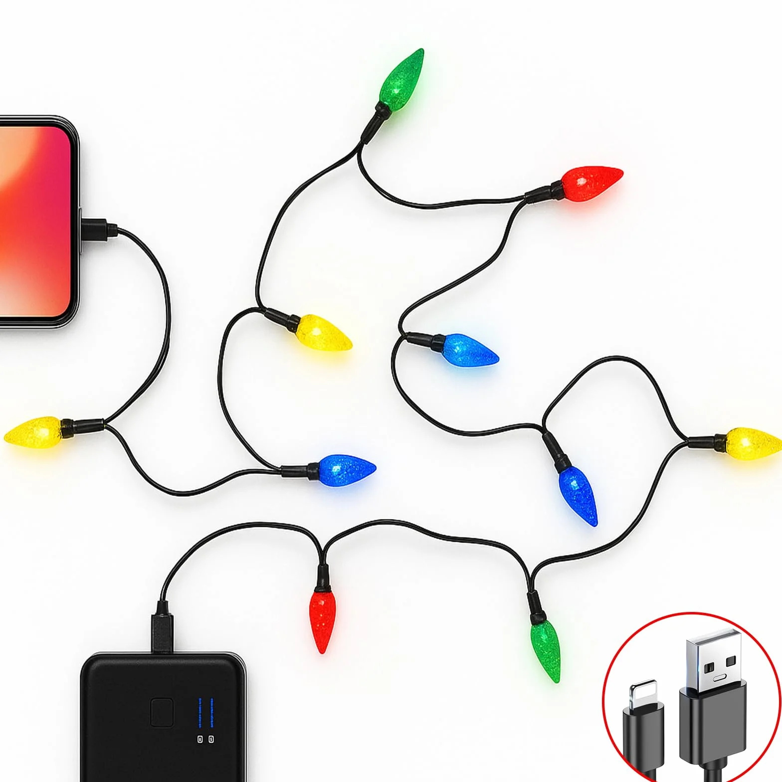 2 sztuki oświetlenia bożonarodzeniowego, kabel do ładowania telefonu komórkowego, 140 cm USB-A na Lightning, kabel do ładowania z 10 lampkami LED, kabel do ładowania na urlopie, kompatybilny z