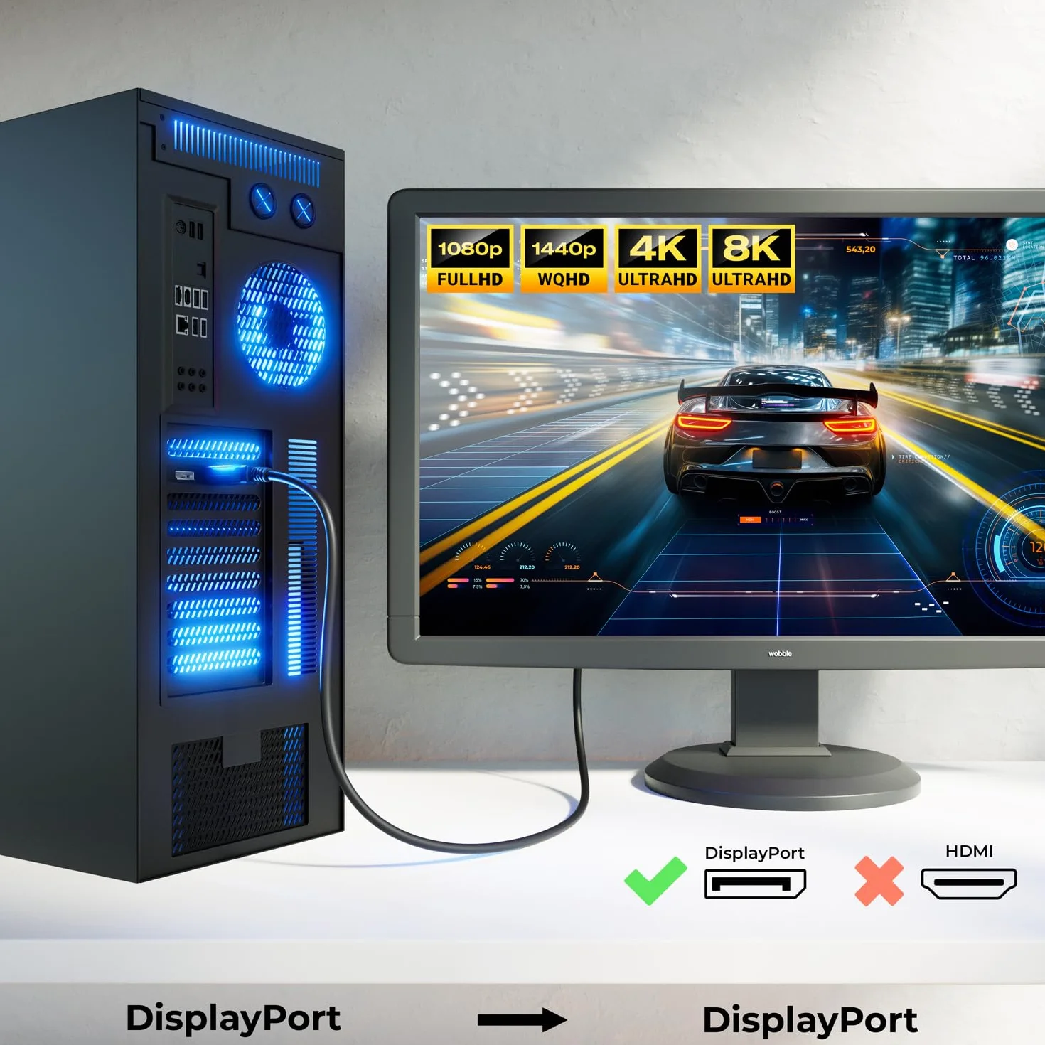 deleyCON 3,0m Kabel DisplayPort 8K 1.4 Czarny do Monitorów Gamingowych 360Hz HBR3 DSC HDR10
