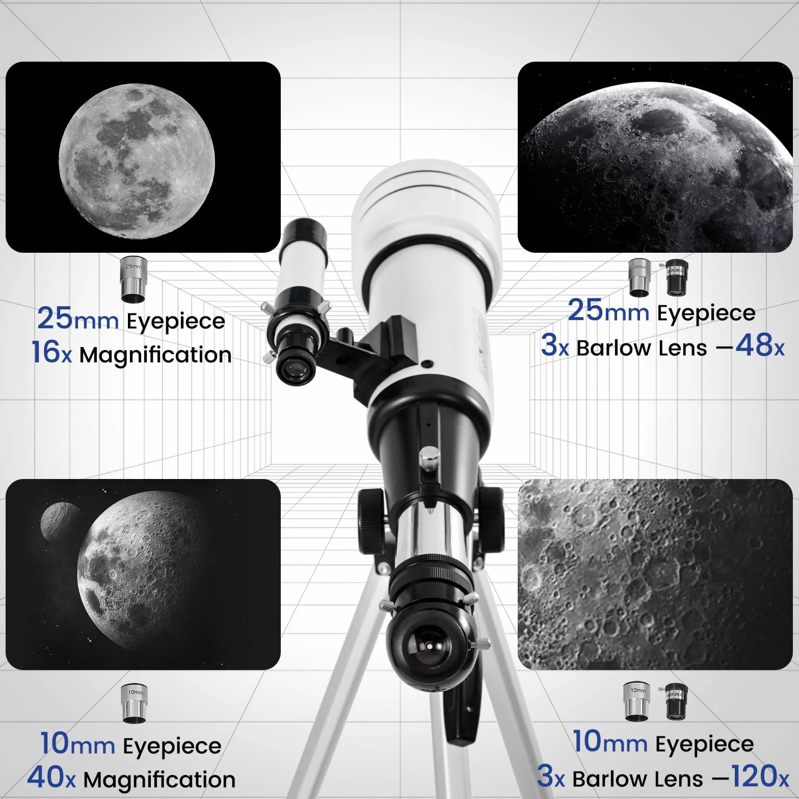 KlaroruA teleskop astronomiczny 70/400 mm teleskop dla dorosłych, astronomiczny teleskop załamania światła dla dzieci i początkujących, z adapterem do telefonu i statywem, CLT001-WH