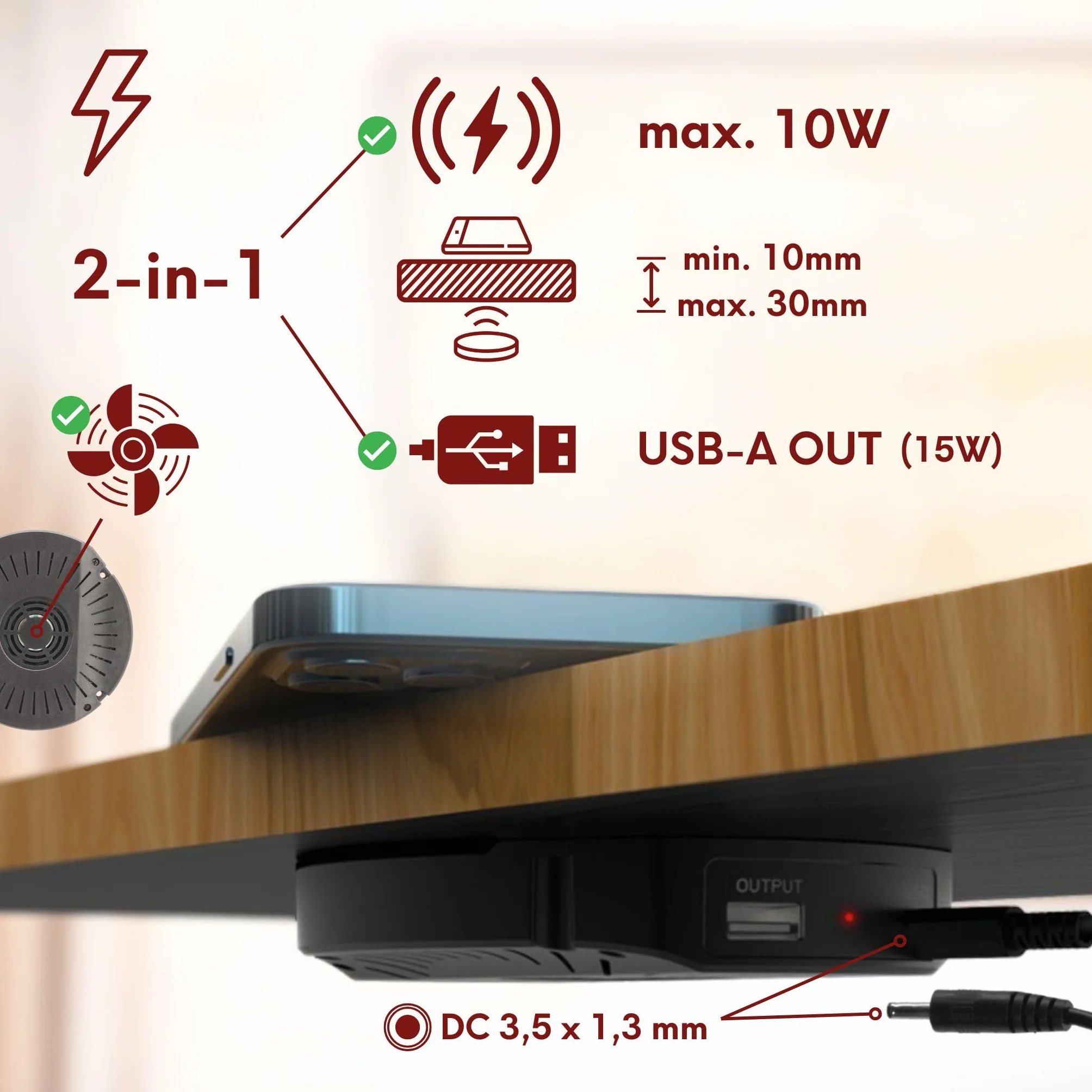 Kalb | DualCharge 10 W bezprzewodowa ładowarka z wyjściem USB 15 W, podstawa do 30 mm, niewidoczna, ładowarka indukcyjna z wentylatorem, zasilacz, kabel 1200 mm