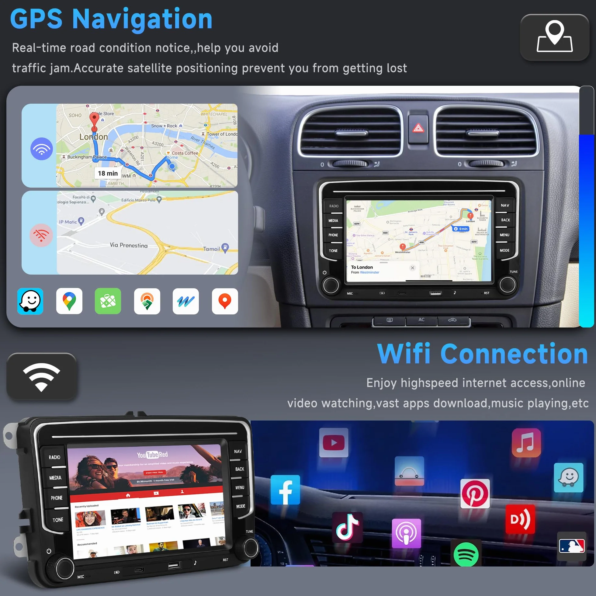 4G + 64G 7" Android radio samochodowe do VW Golf 5 6 Passat Jetta Caddy EOS T5 Tiguan Touran CC bezprzewodowe radio samochodowe do carplay radio samochodowe 2 Din z Androidem samochodem GPS Navi WiFi