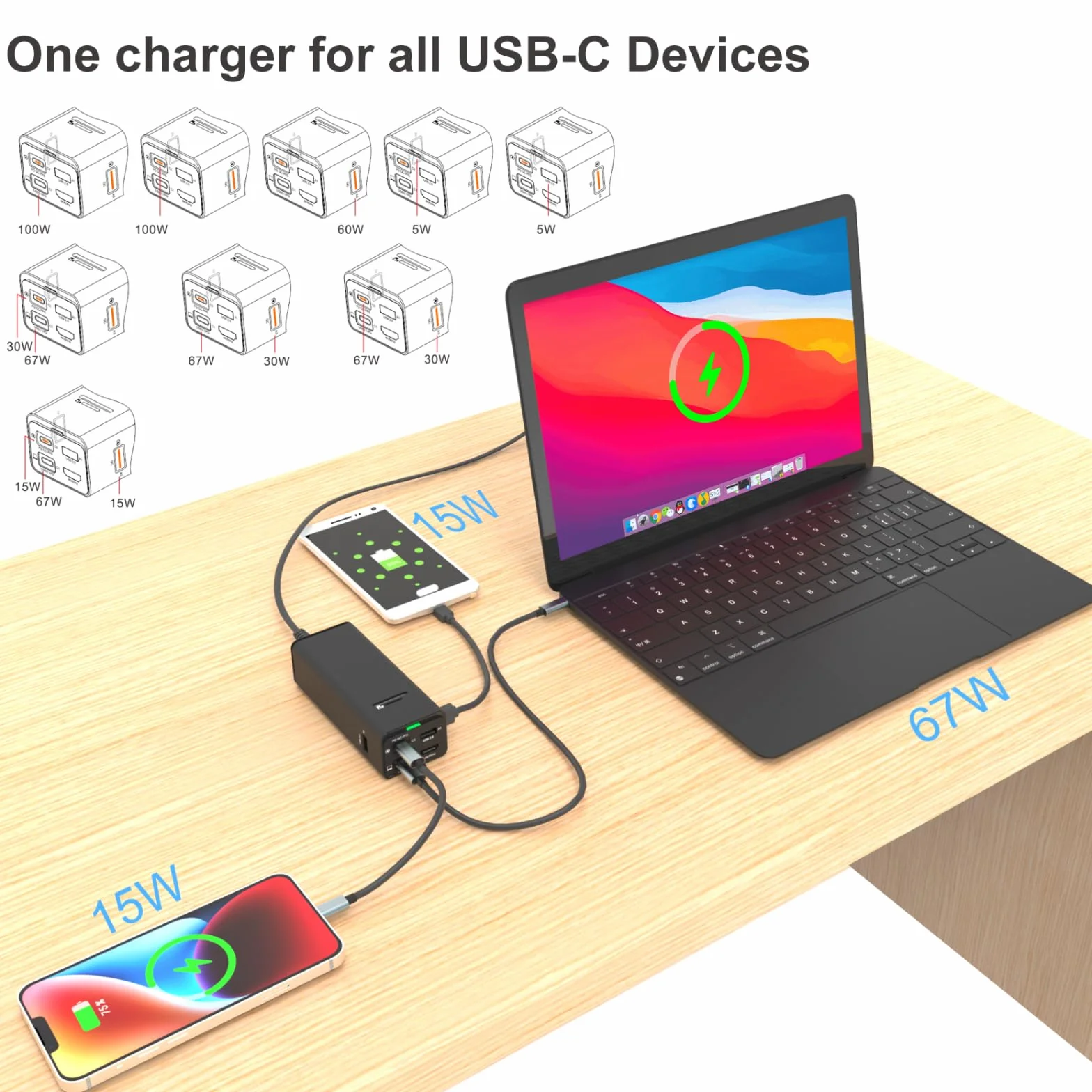 Stacja dokująca 100 W, ładowarka telewizyjna, stacja dokująca do smartfona, konsoli laptopa, adapter szybkiego ładowania 4 w 1
