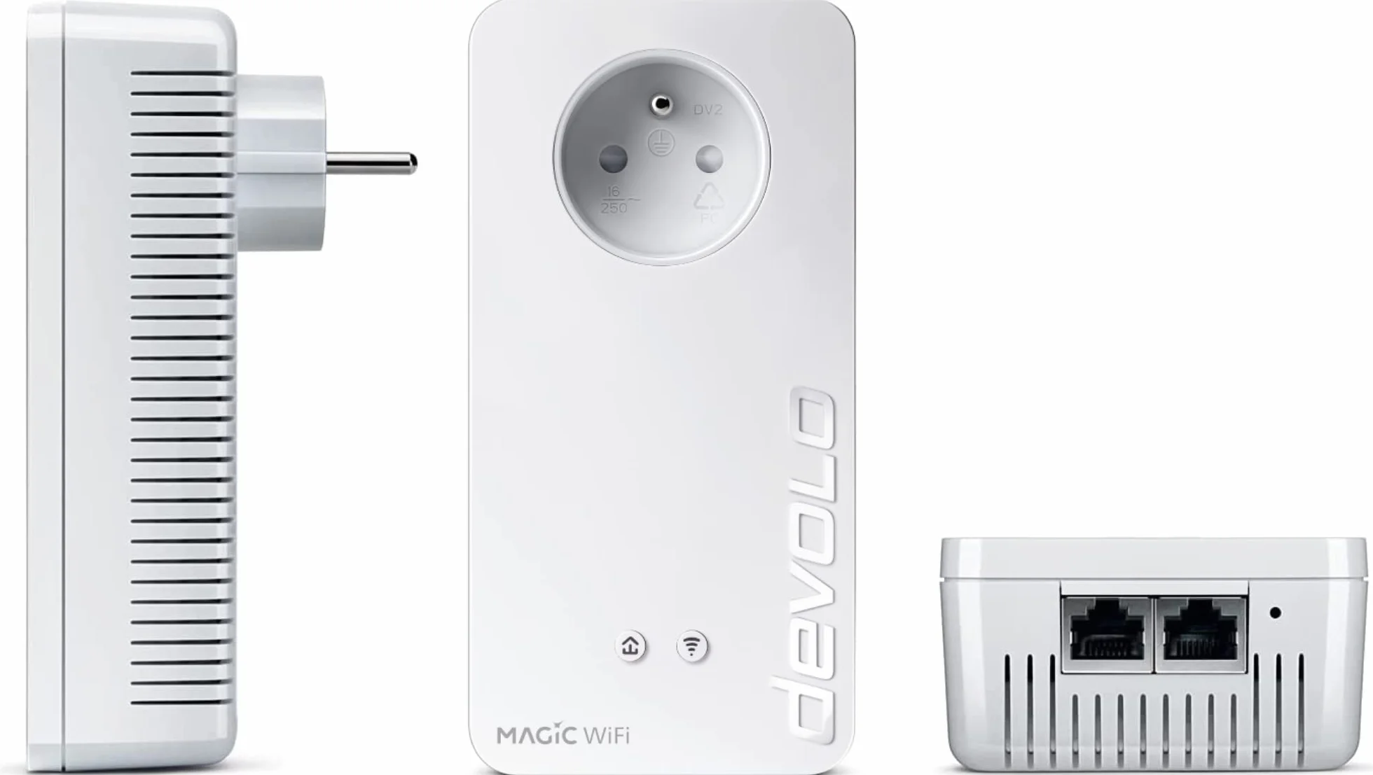 devolo Magic 2 WiFi 5 (ac) Zestaw startowy: 2x Adaptery PowerLine WiFi, gniazdo Gigogne (2400 Mbits, 3x porty Gigabit Ethernet), idealny do telepracy, gier, przesyłania strumieniowego, wtyczka