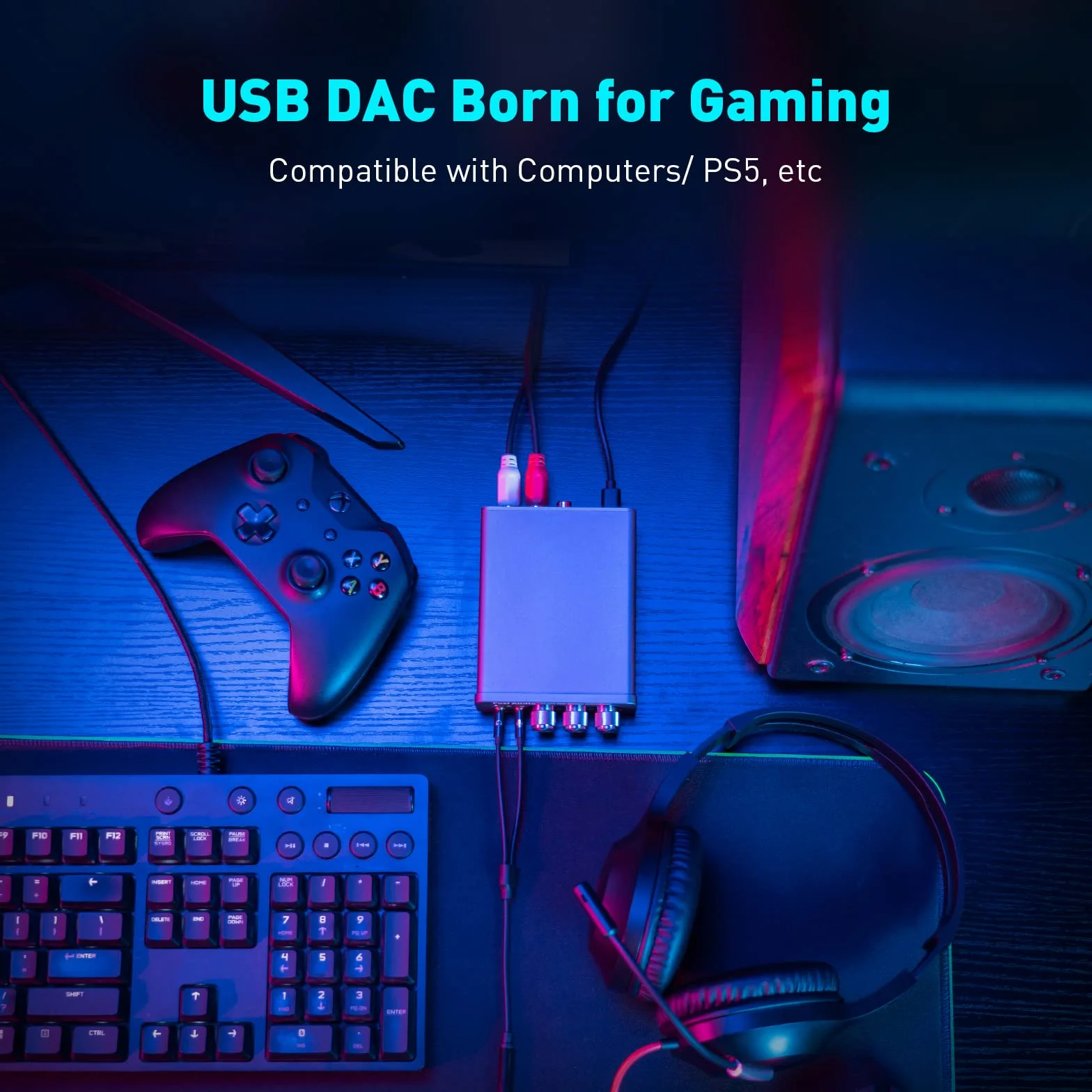 Fosi Audio K5 Pro Gaming DAC Wzmacniacz słuchawkowy Mini Hi-Fi Stereo Cyfrowo-analogowy konwerter audio USB typu C/koncentryczny na RCA/optyczny/3,5 mm AUX na PS5/PC/MAC/komputer