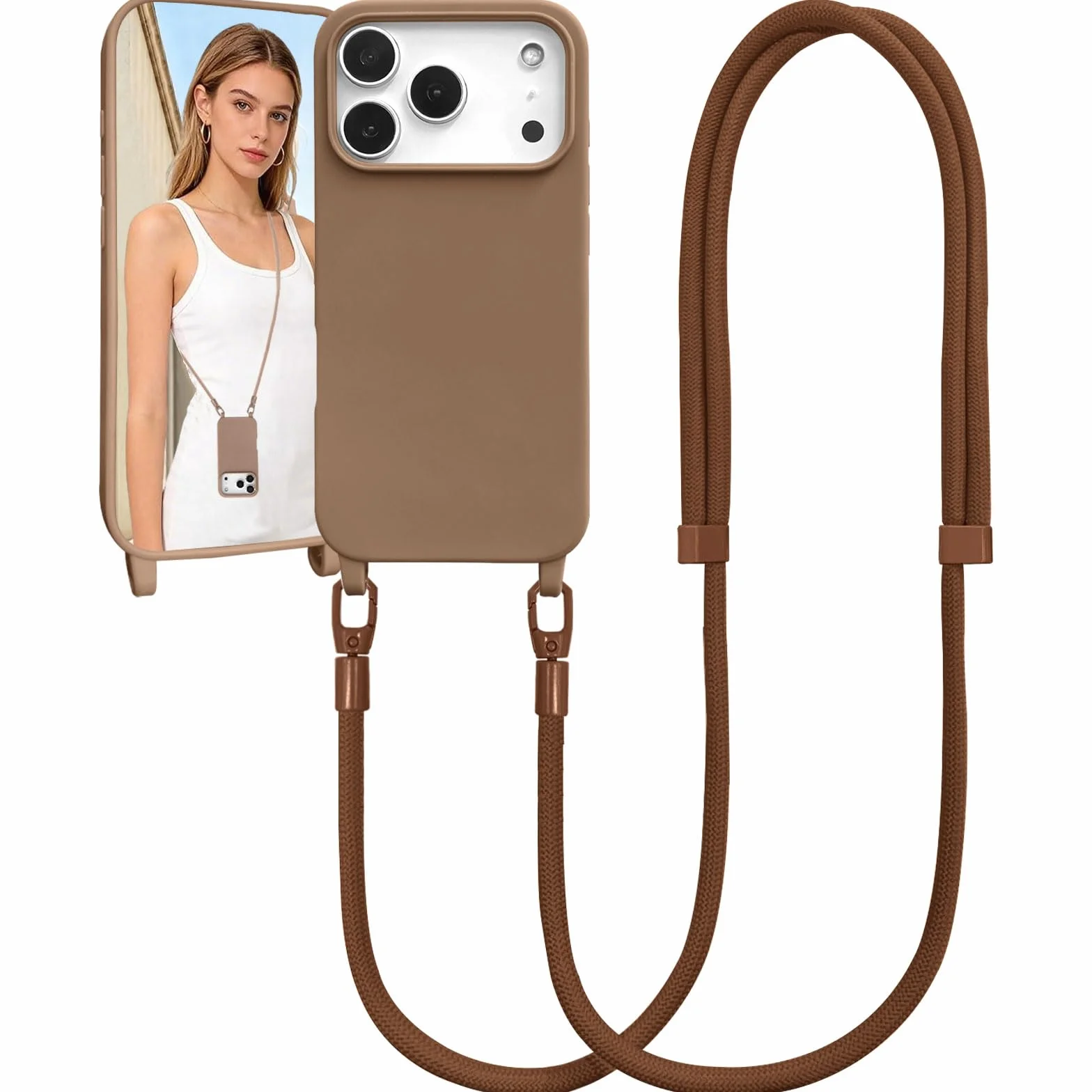 Etui na telefon komórkowy iPhone 17 Pro, bumper, ze sznurkiem na szyję, etui ochronne ze sznurkiem na szyję, silikonowe, z regulowanym sznurkiem, miękkie tworzywo TPU, kolor mleczna