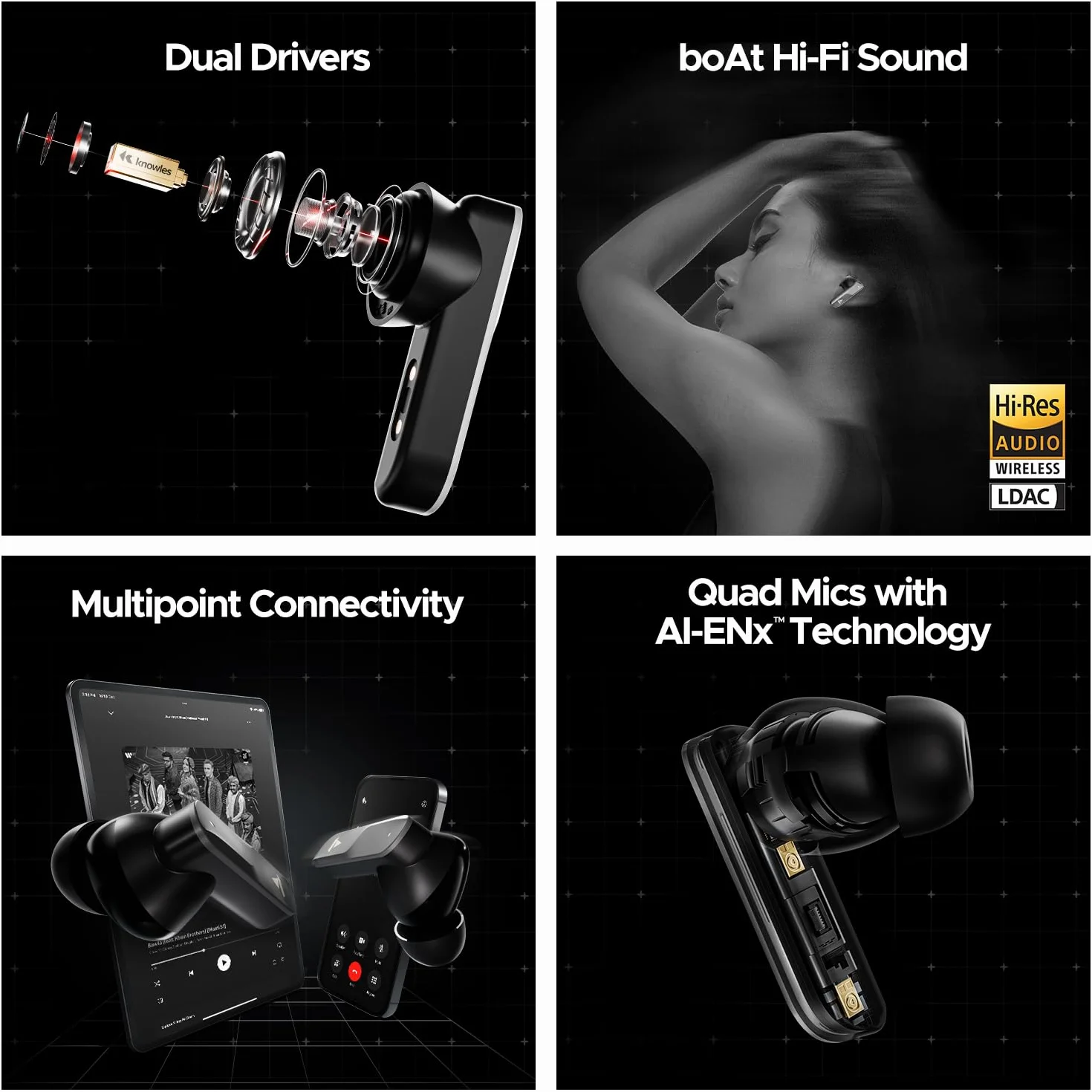 boAt New Launch Nirvana X TWS, podwójne sterowniki Knowles, Hi-Res Audio LDAC, obsługa aplikacji, 4 mikrofony ENx, podwójna para, dźwięk przestrzenny, szybkie ładowanie, słuchawki douszne Bluetooth,