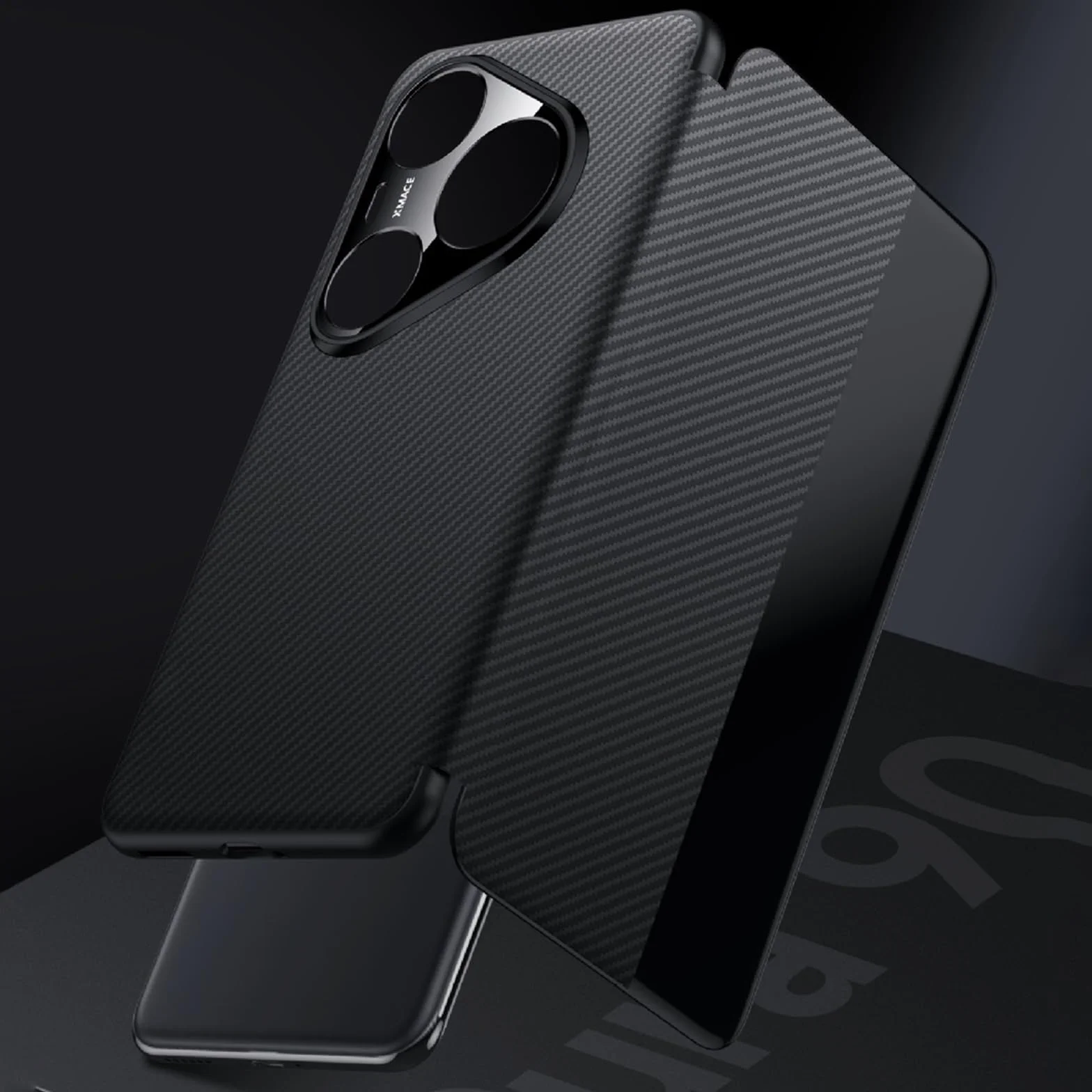 Cienkie etui do Huawei Pura 90 Pro Max / 90 Pro / 90, luksusowe, biznesowe etui z włókna węglowego, skórzane etui na telefon komórkowy, inteligentne okienko, z klapką, czarne, 90