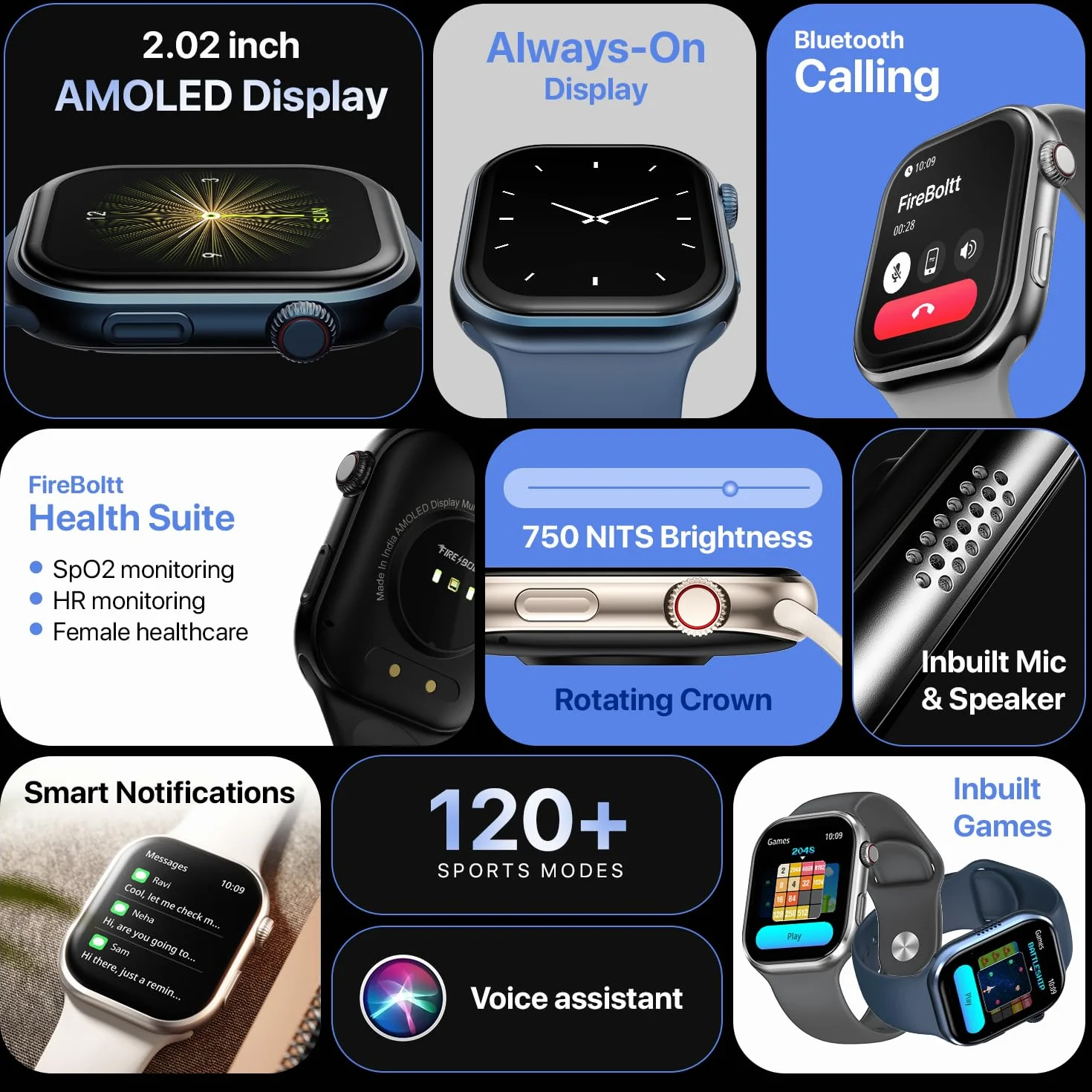 Fire-Boltt Brillia Smart Watch 2-calowy wyświetlacz Super AMOLED, połączenia Bluetooth, SpO2, pulsometr, 120 trybów sportowych, monitor aktywności, asystent głosowy, inteligentny zegarek dla mężczyzn