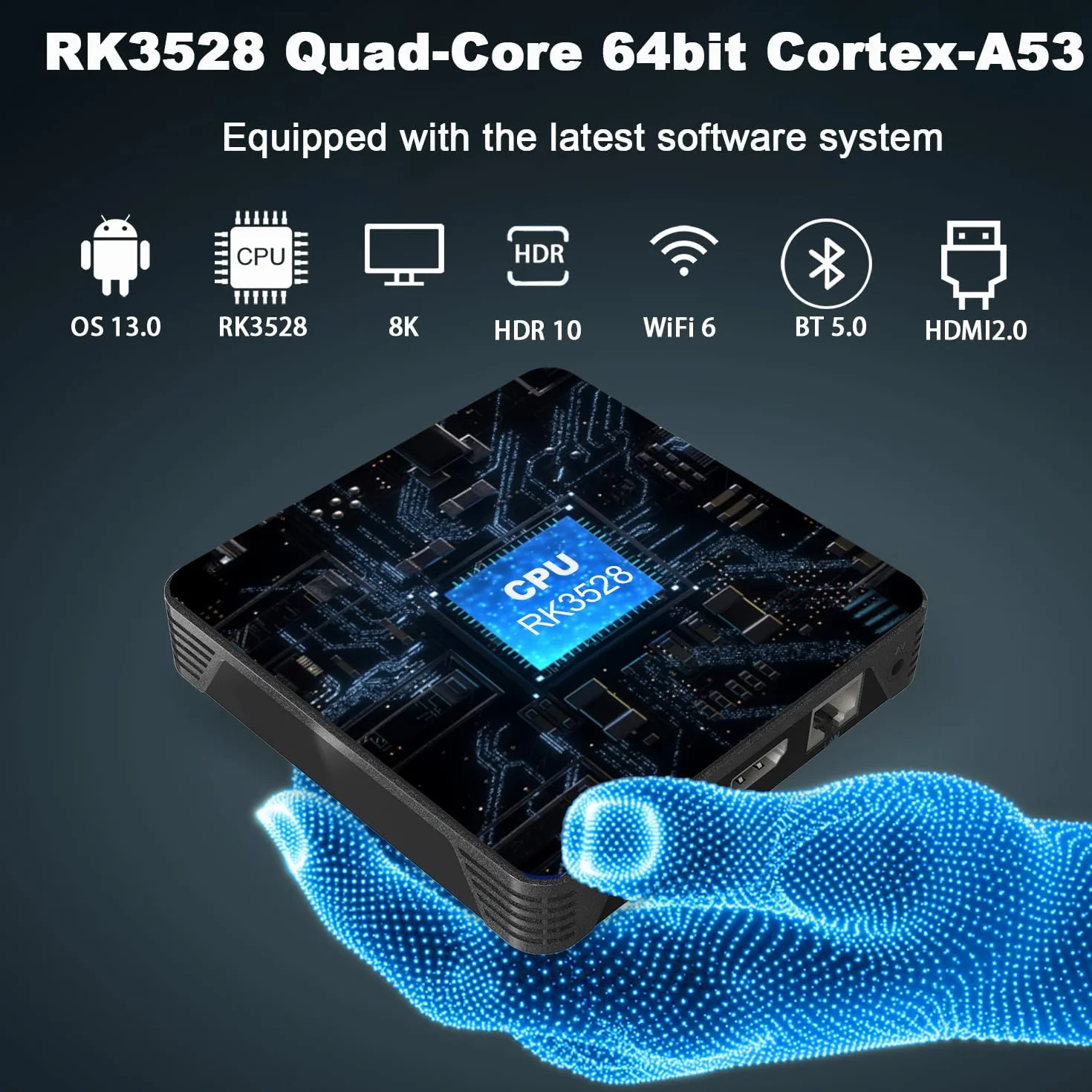 GREVA Android 13.0 TV Box, 8K Ultra HD Android Box 4G RAM 32G ROM RK3528 czterordzeniowy 64-bitowy Cortex-A53, UHD 8K WiFi6 10/100 M LAN Enternet Bluetooth 5.0 Smart TV Box Streaming Media Player